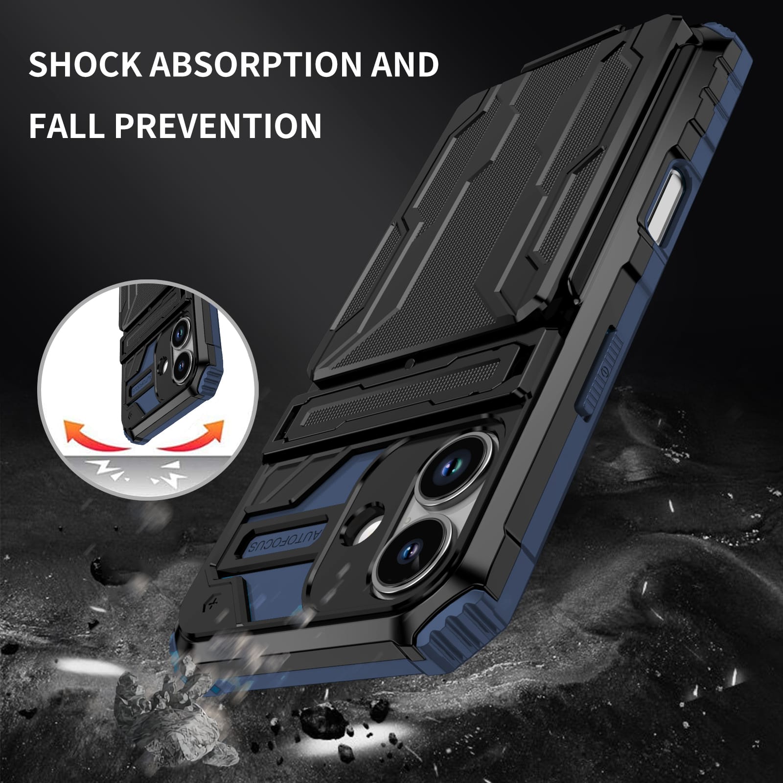 iPhone 17 Heavy Duty Kickstand Card Holder Case Shockproof Navy