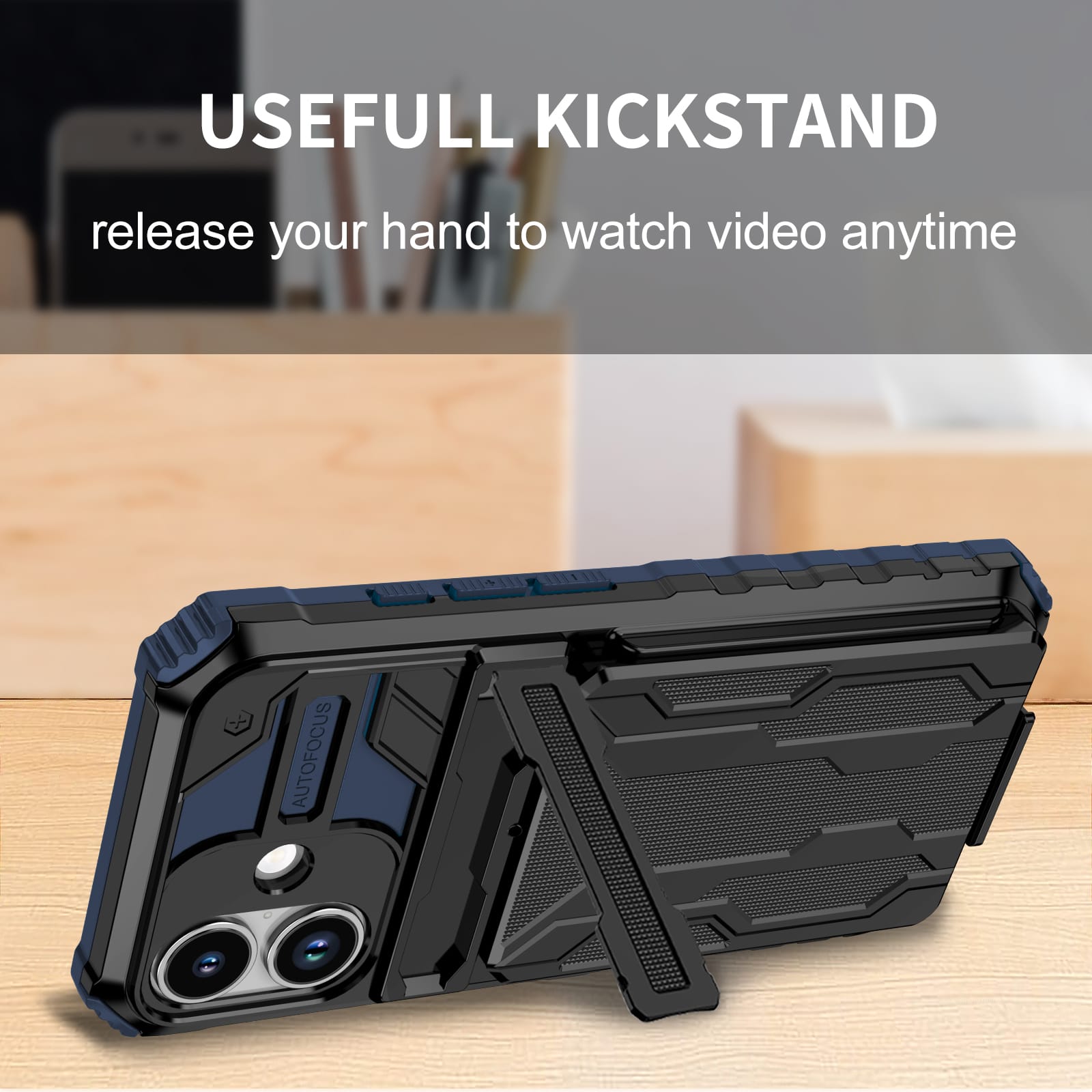 iPhone 17 Heavy Duty Kickstand Card Holder Case Shockproof Navy
