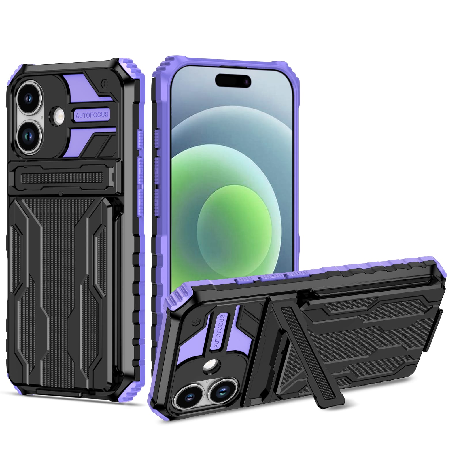 iPhone 17 Heavy Duty Kickstand Card Holder Case Shockproof Purple