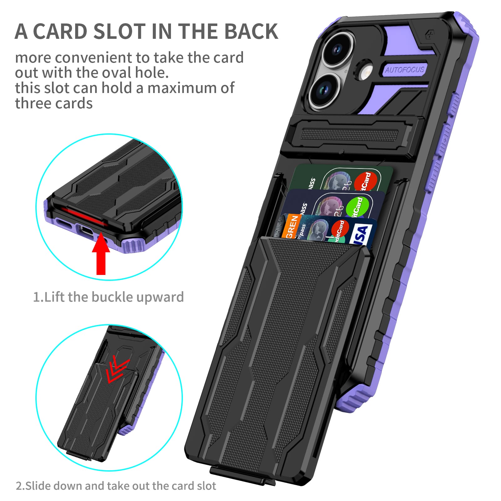 iPhone 17 Heavy Duty Kickstand Card Holder Case Shockproof Purple