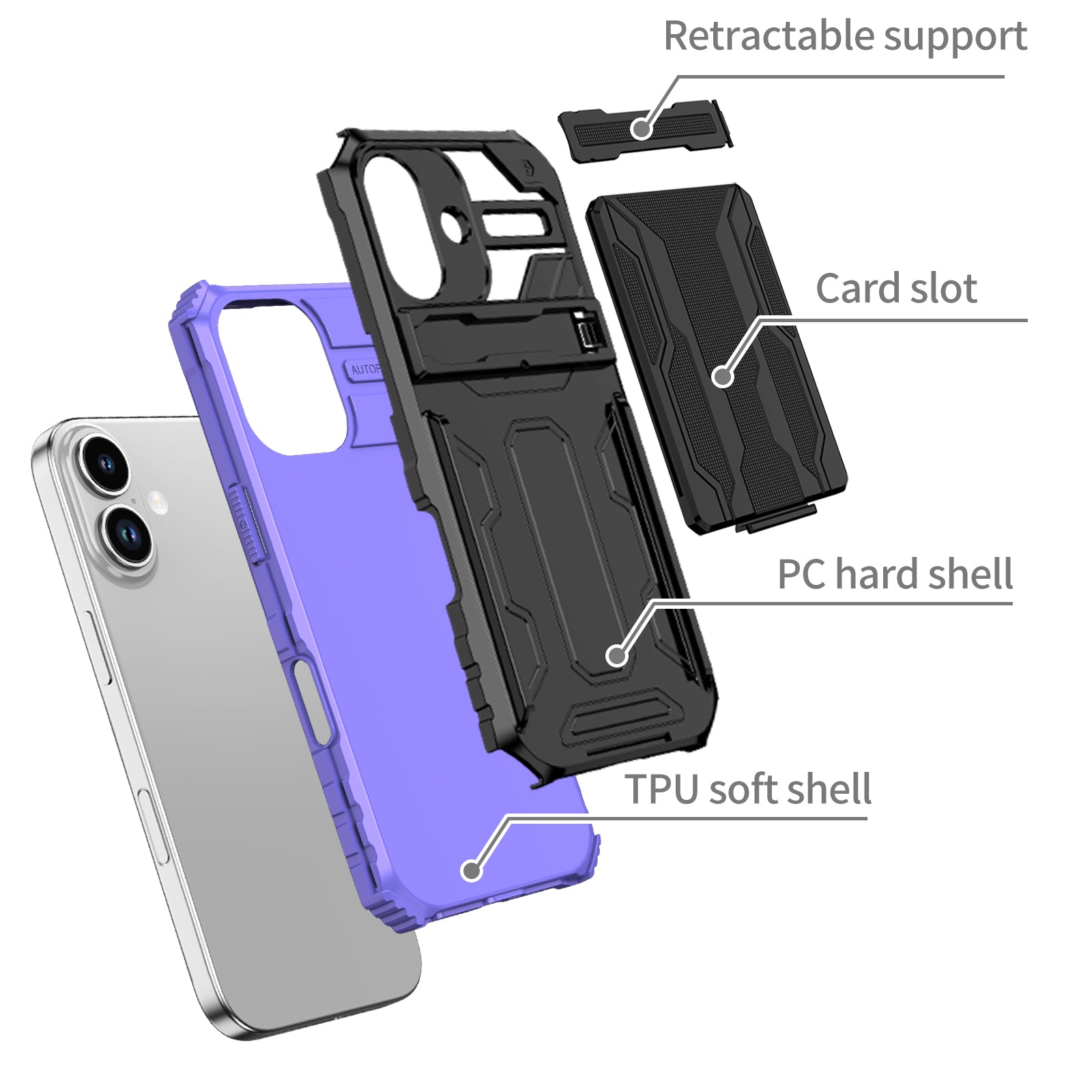 iPhone 17 Heavy Duty Kickstand Card Holder Case Shockproof Purple