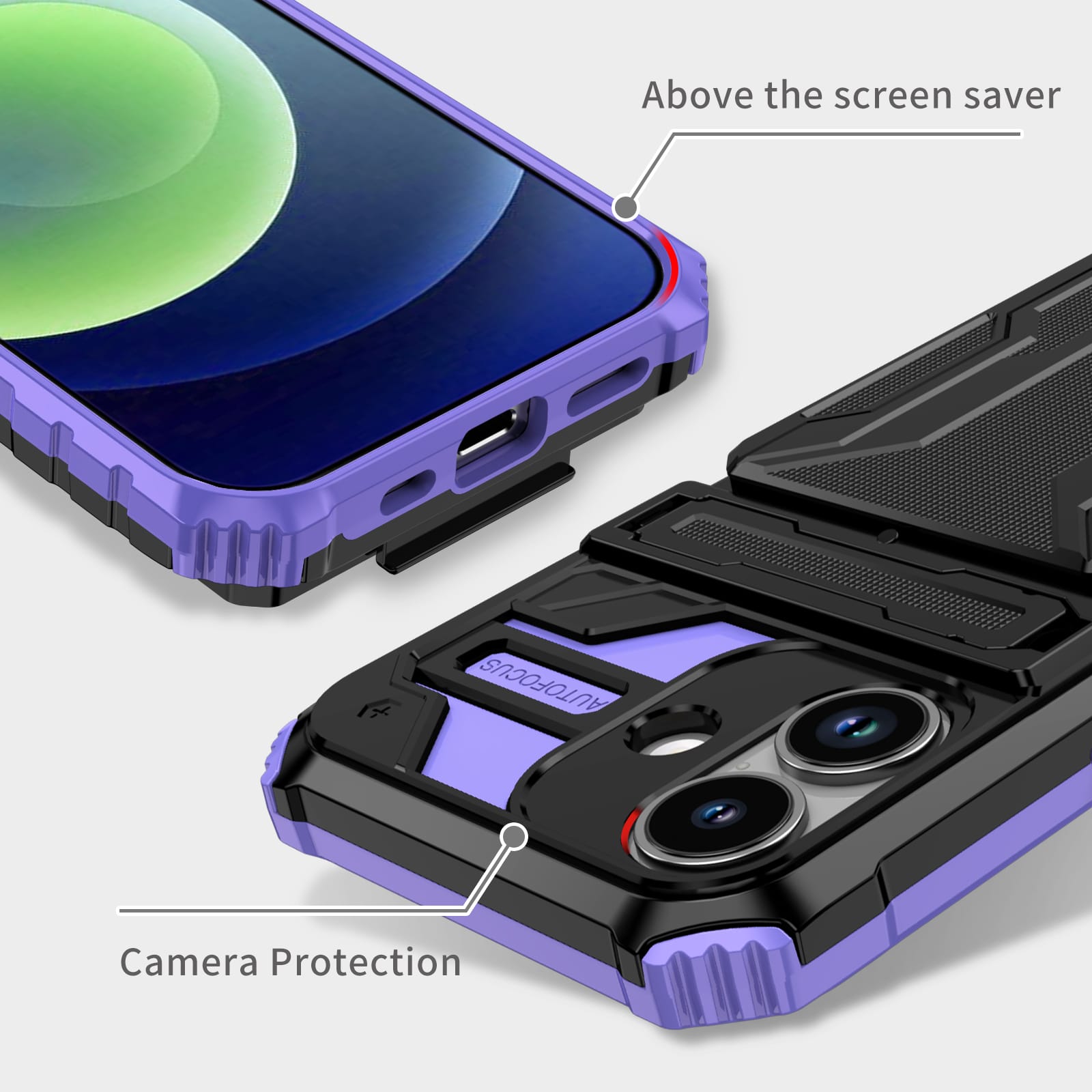 iPhone 17 Heavy Duty Kickstand Card Holder Case Shockproof Purple