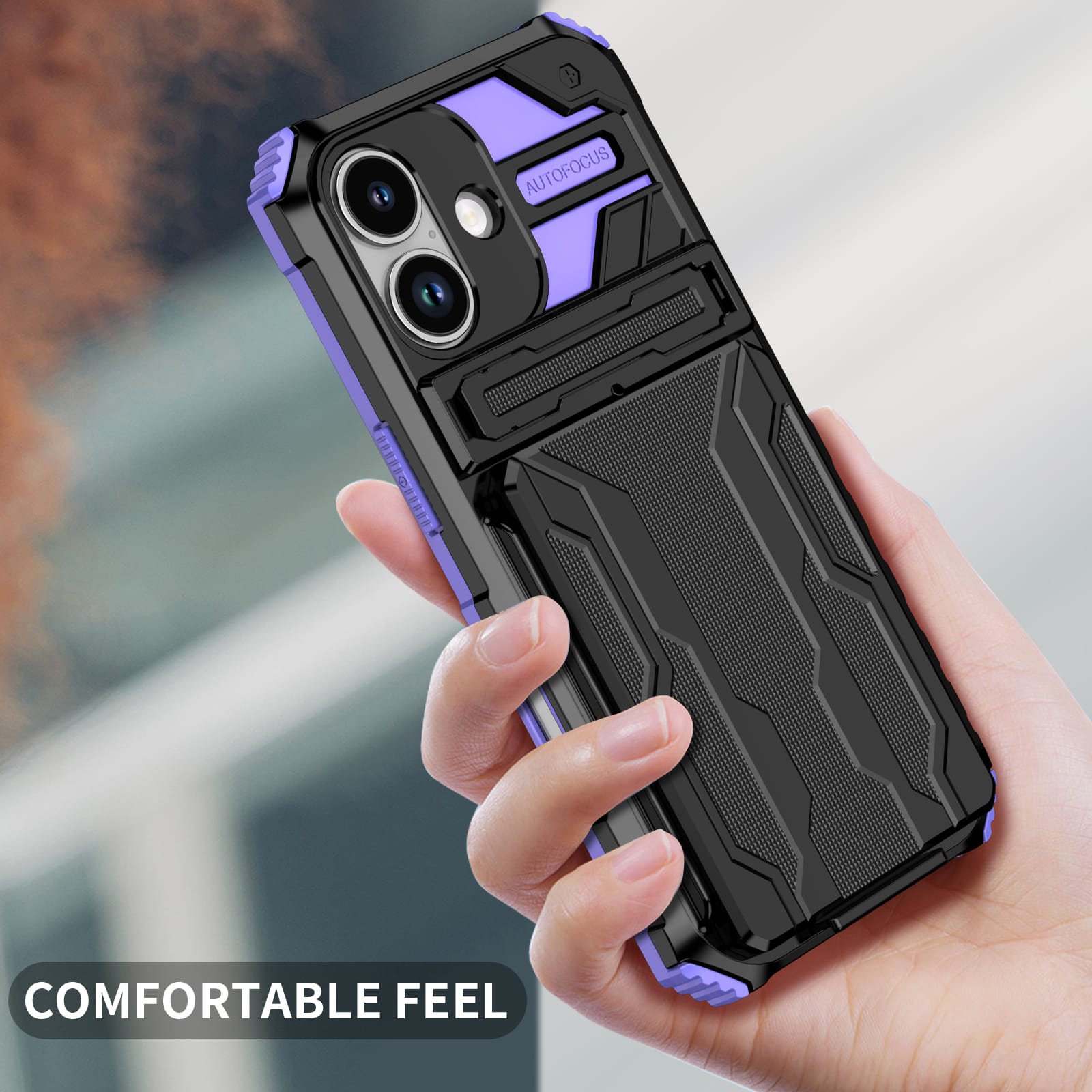 iPhone 17 Heavy Duty Kickstand Card Holder Case Shockproof Purple