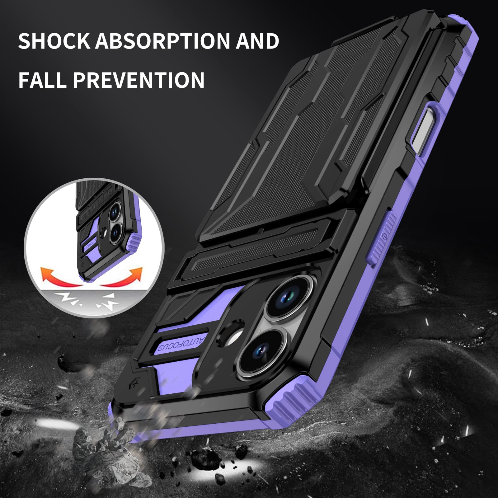 iPhone 17 Heavy Duty Kickstand Card Holder Case Shockproof Purple