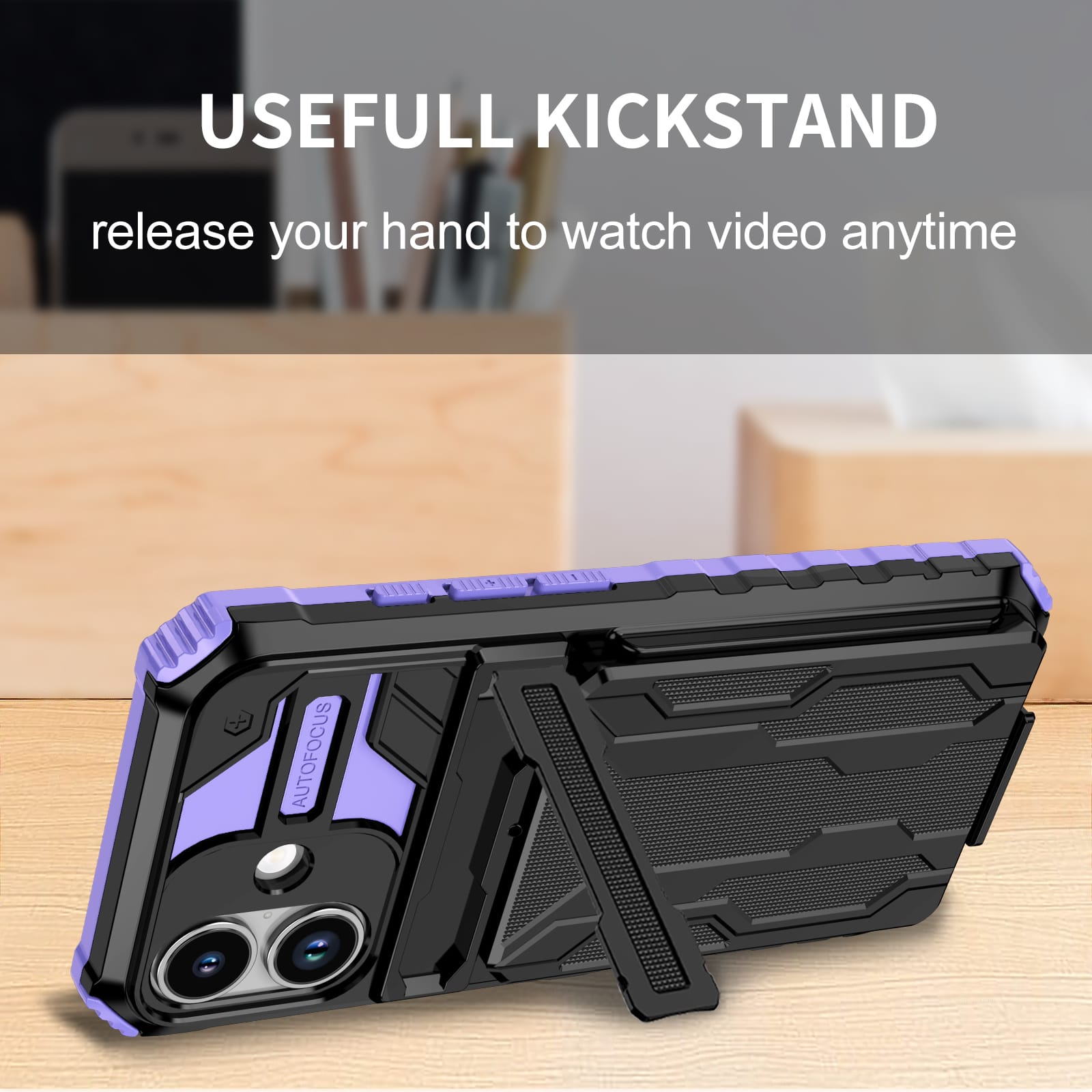 iPhone 17 Heavy Duty Kickstand Card Holder Case Shockproof Purple