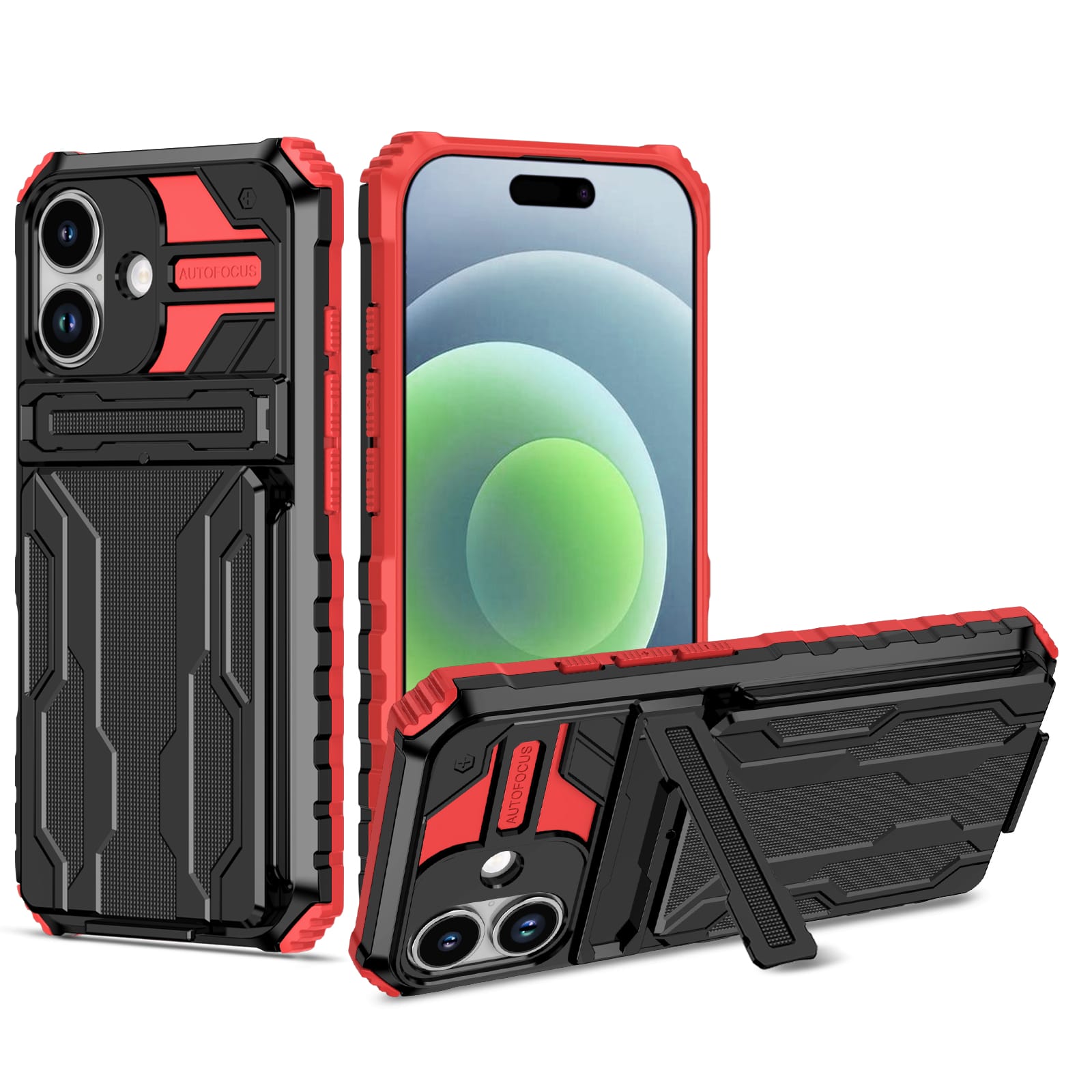 iPhone 17 Heavy Duty Kickstand Card Holder Case Shockproof Red