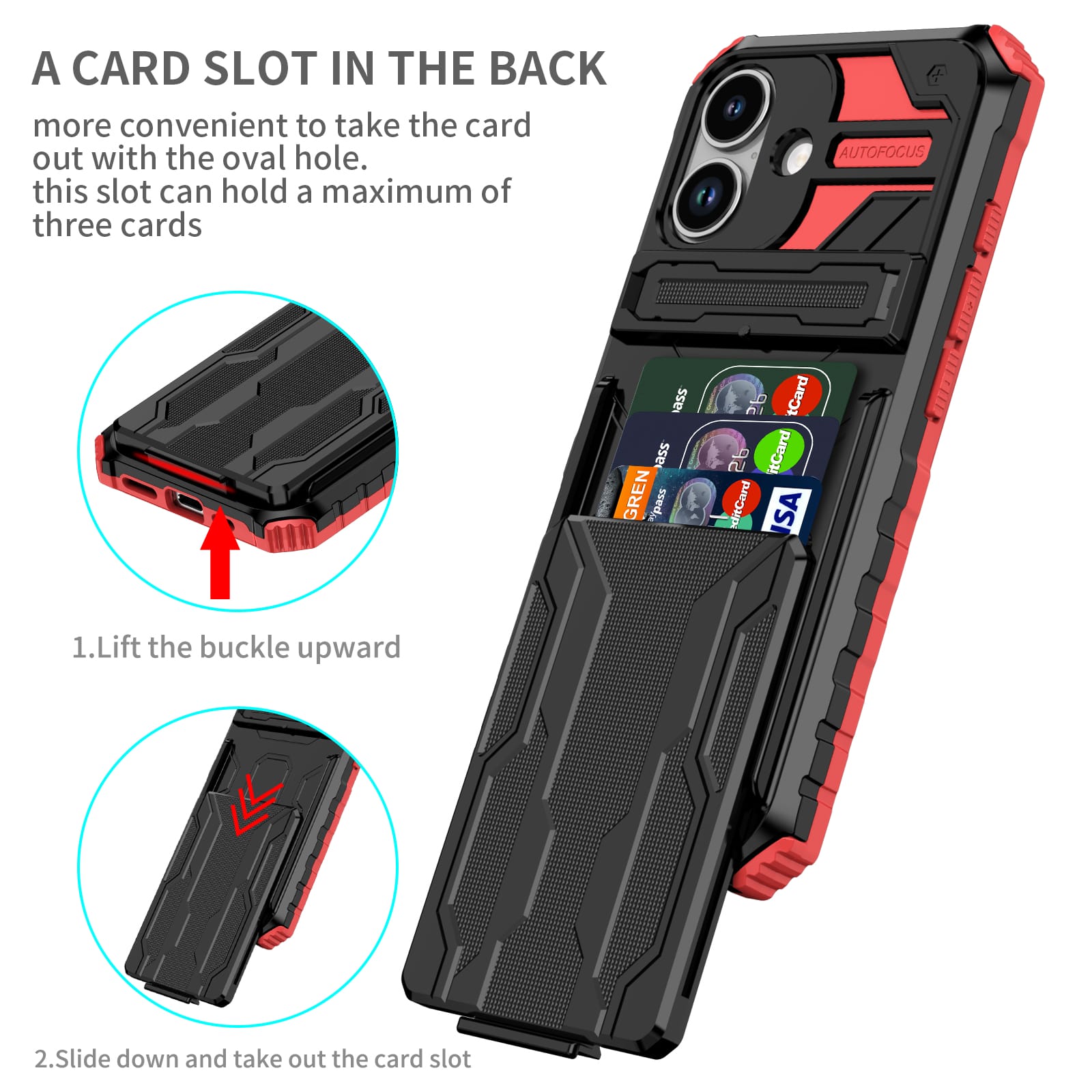 iPhone 17 Heavy Duty Kickstand Card Holder Case Shockproof Red