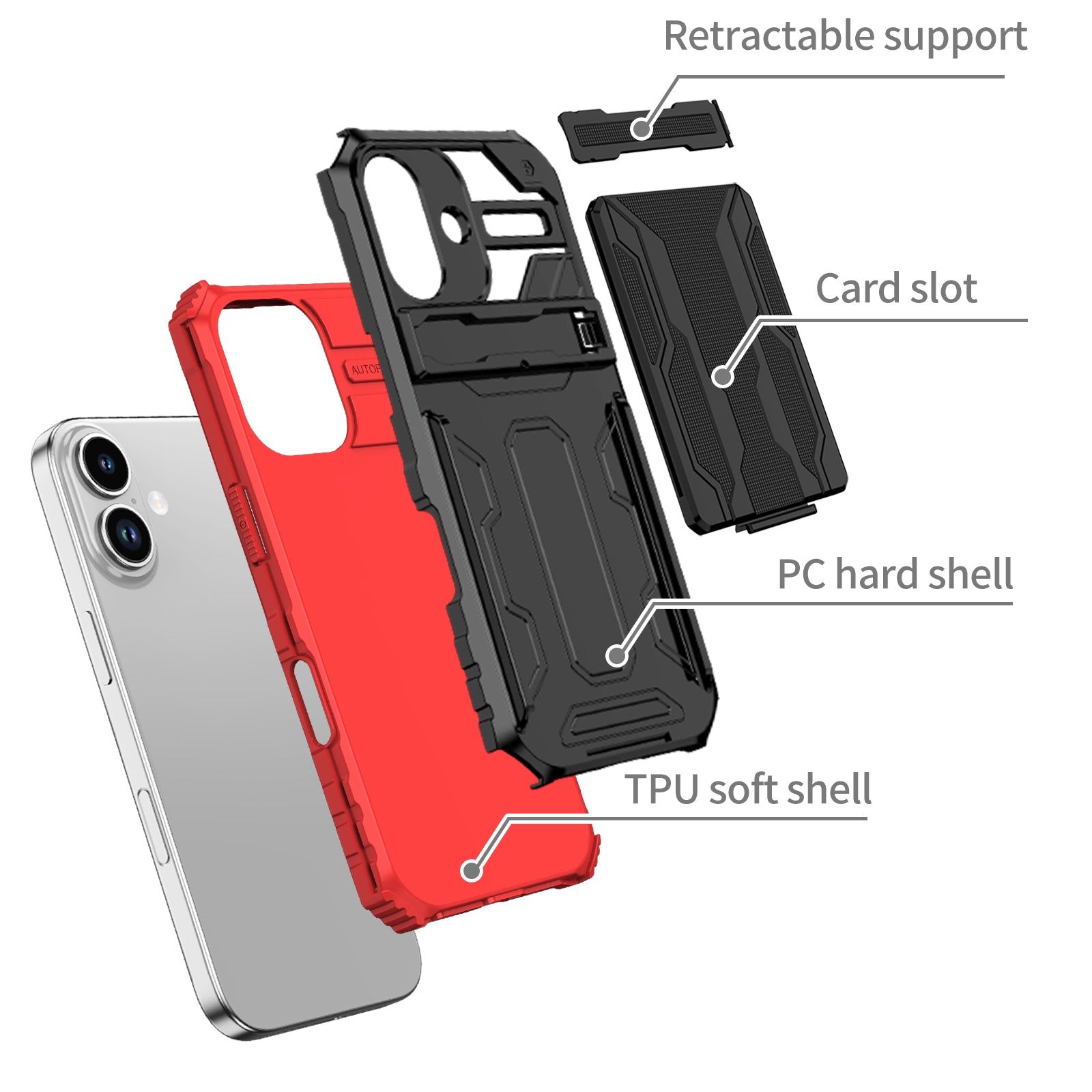 iPhone 17 Heavy Duty Kickstand Card Holder Case Shockproof Red