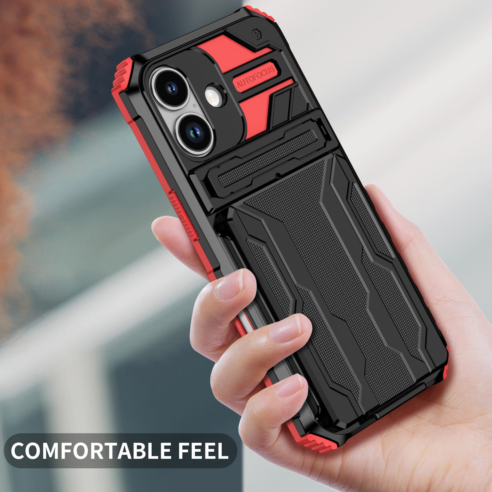 iPhone 17 Heavy Duty Kickstand Card Holder Case Shockproof Red