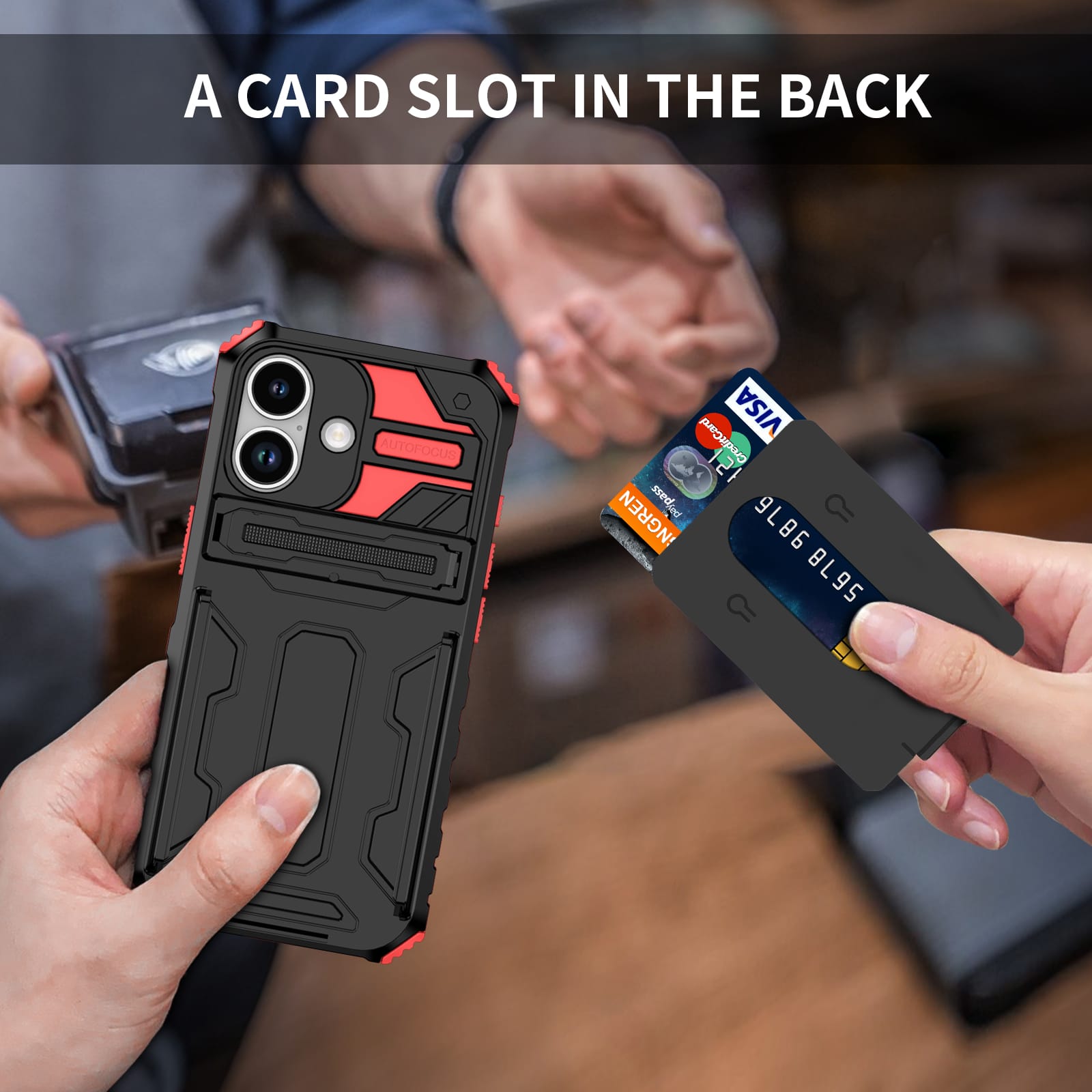 iPhone 17 Heavy Duty Kickstand Card Holder Case Shockproof Red