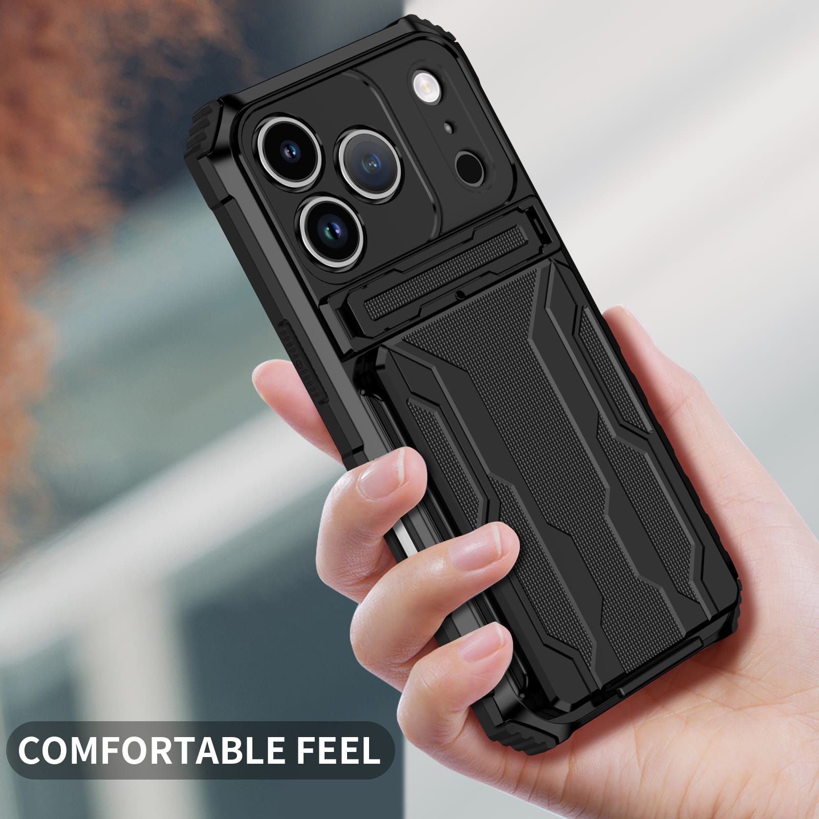 iPhone 17 Pro Heavy Duty Kickstand Card Holder Case Shockproof Black