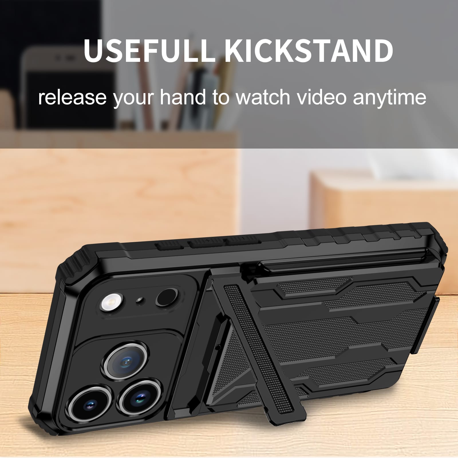 iPhone 17 Pro Heavy Duty Kickstand Card Holder Case Shockproof Black