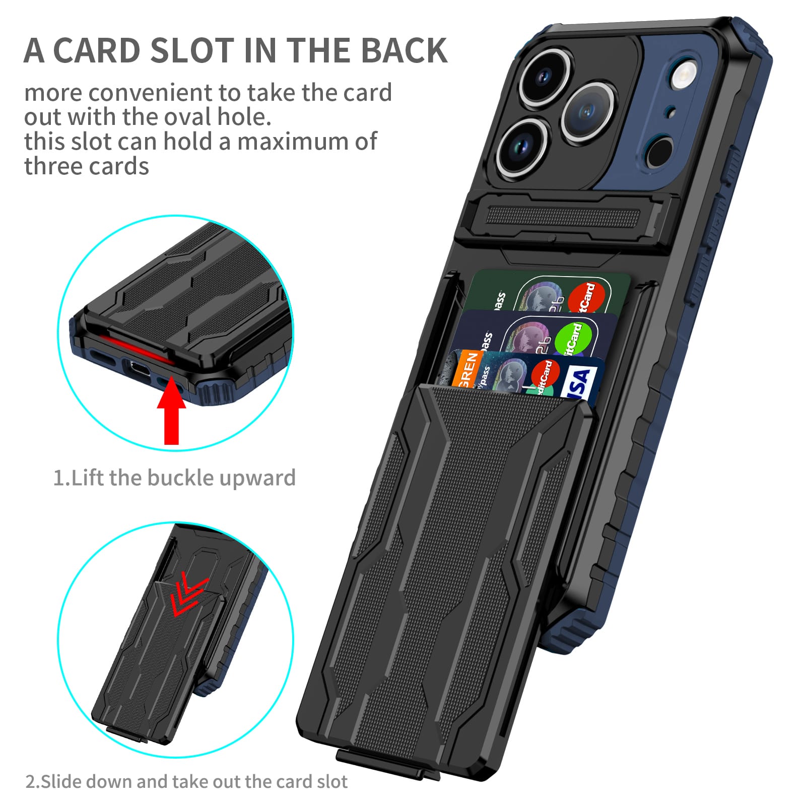 iPhone 17 Pro Heavy Duty Kickstand Card Holder Case Shockproof Navy