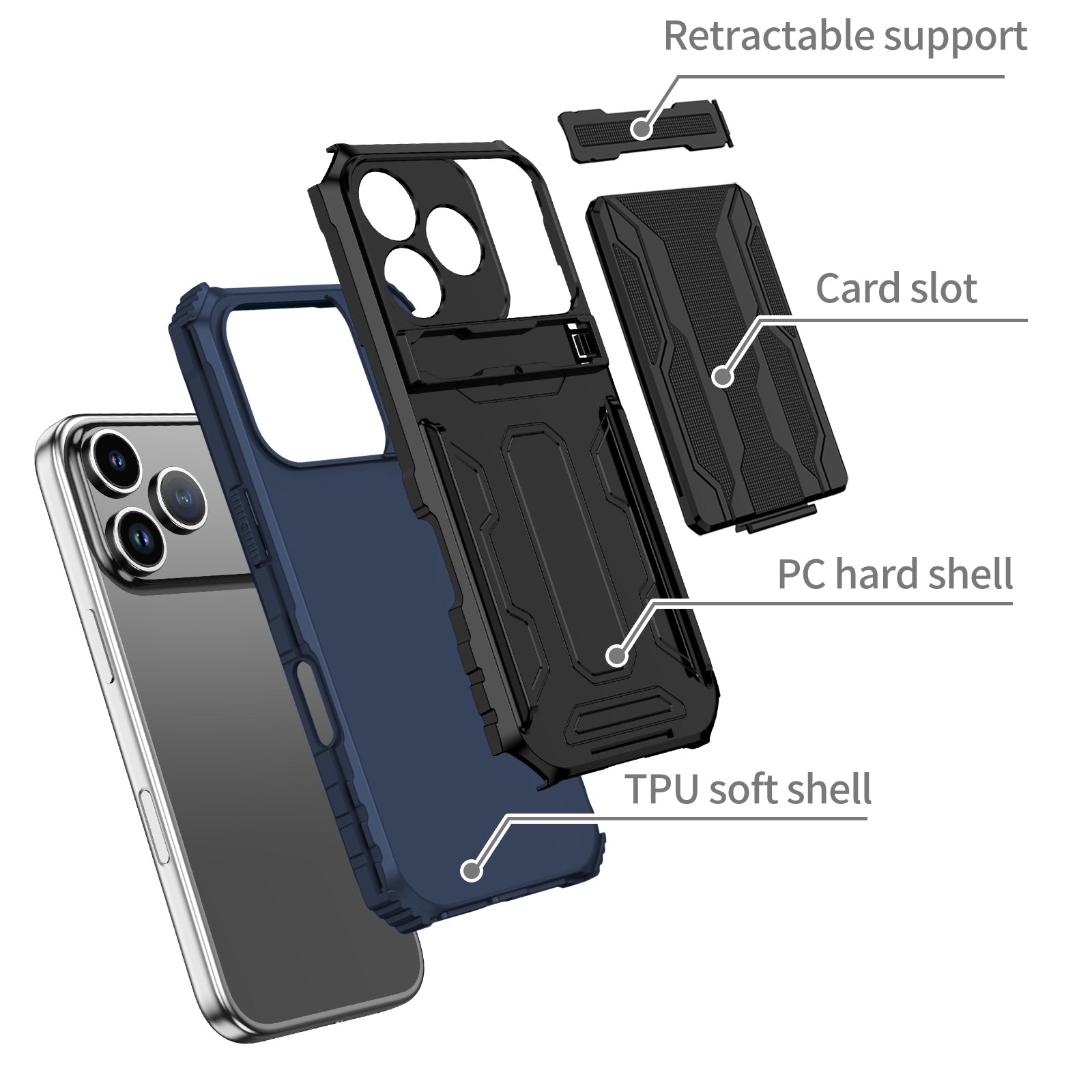 iPhone 17 Pro Heavy Duty Kickstand Card Holder Case Shockproof Navy