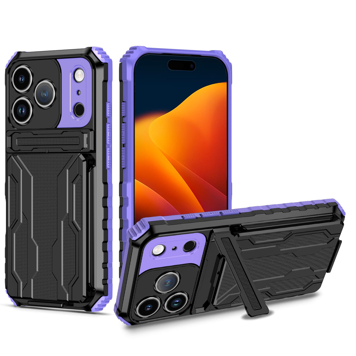 iPhone 18 Pro / 17 Pro Heavy Duty Kickstand Card Holder Case Shockproof Purple