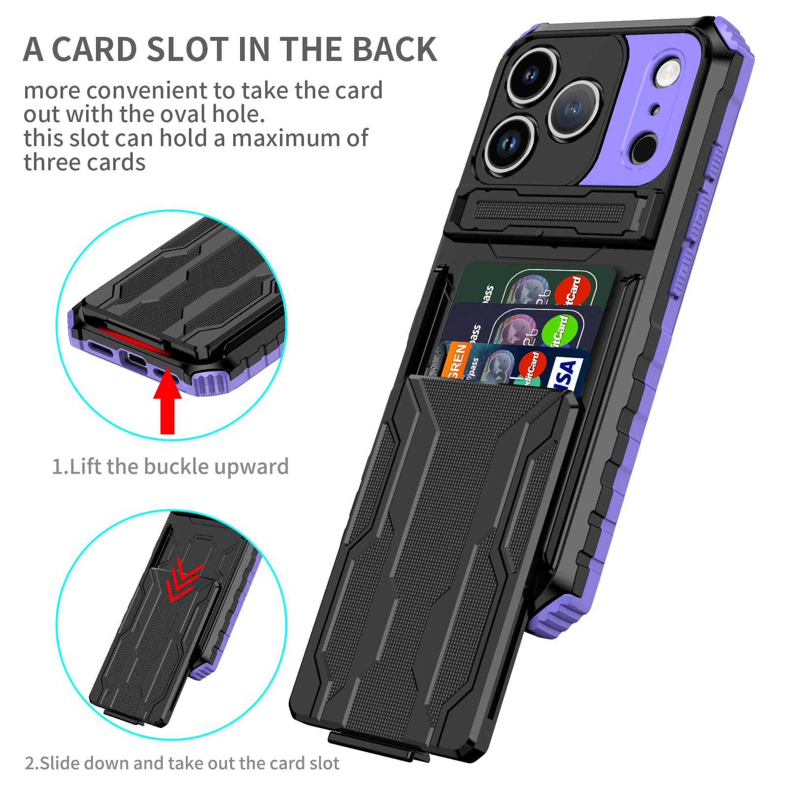 iPhone 17 Pro Heavy Duty Kickstand Card Holder Case Shockproof Purple