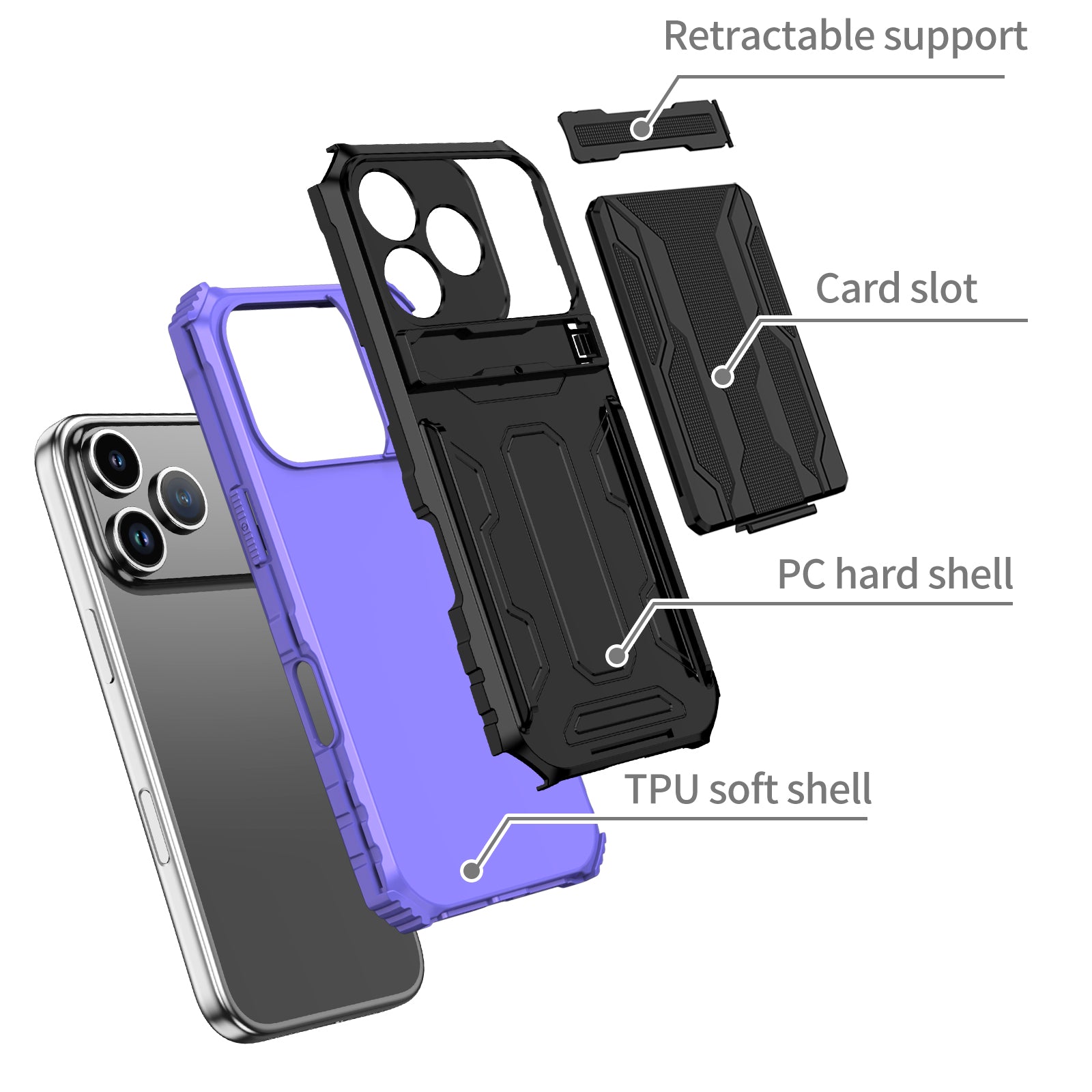 iPhone 17 Pro Heavy Duty Kickstand Card Holder Case Shockproof Purple