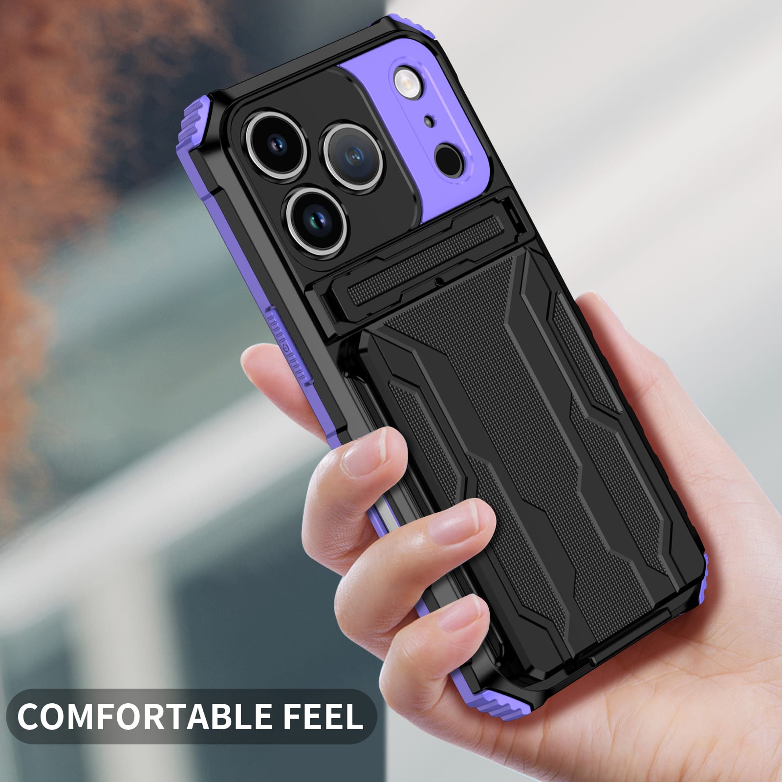 iPhone 17 Pro Heavy Duty Kickstand Card Holder Case Shockproof Purple
