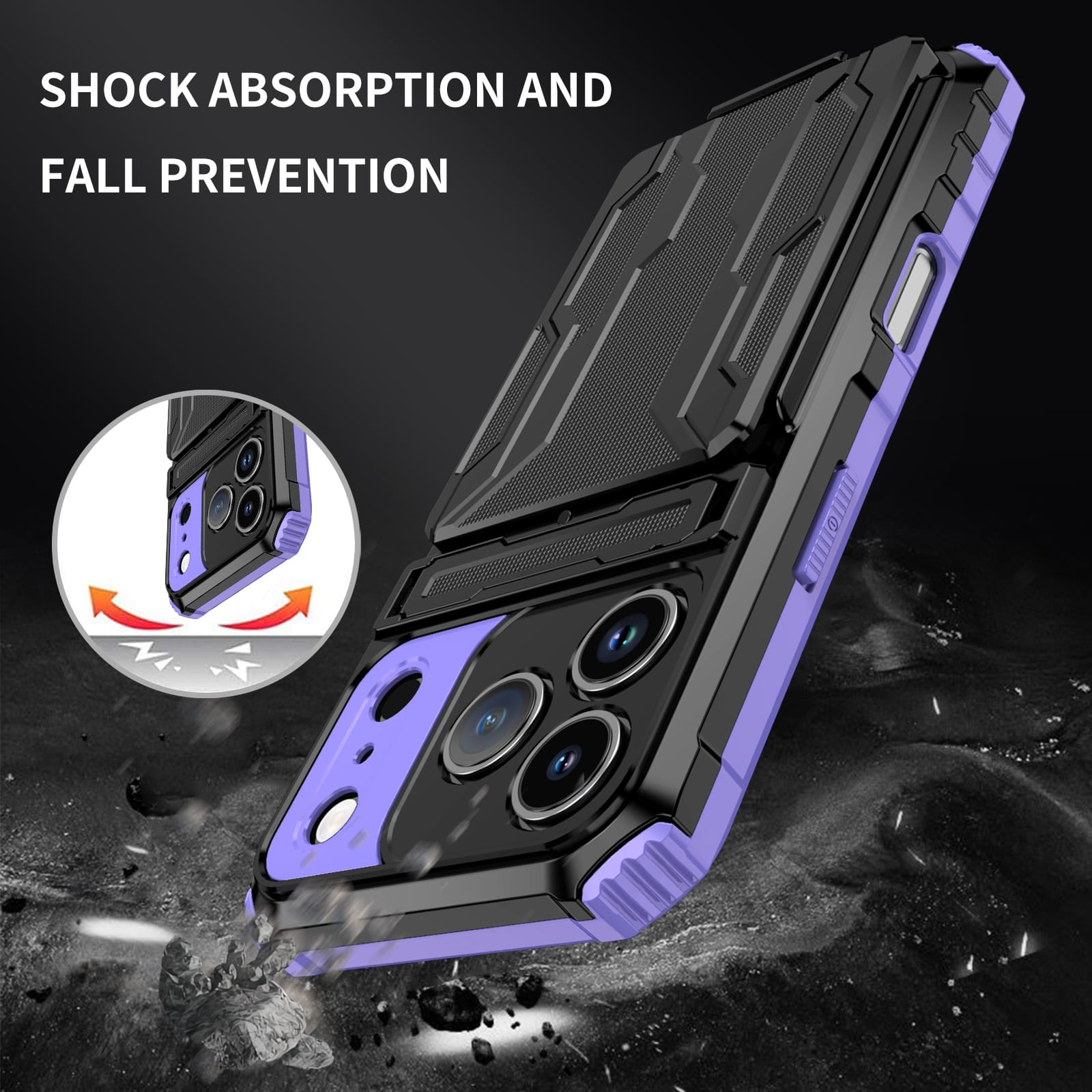 iPhone 17 Pro Heavy Duty Kickstand Card Holder Case Shockproof Purple