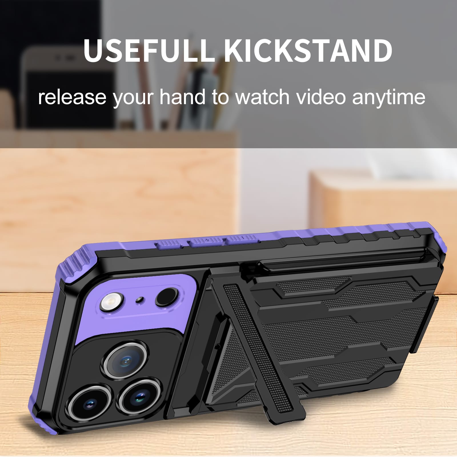 iPhone 17 Pro Heavy Duty Kickstand Card Holder Case Shockproof Purple