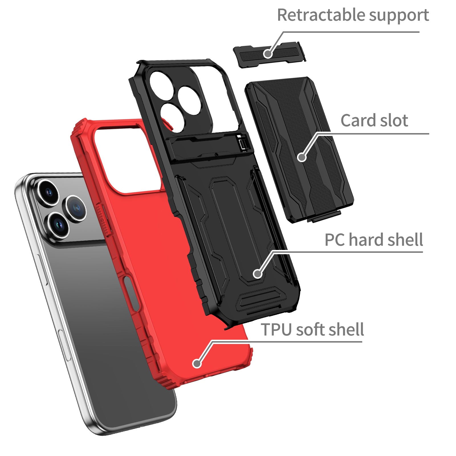 iPhone 17 Pro Heavy Duty Kickstand Card Holder Case Shockproof Red