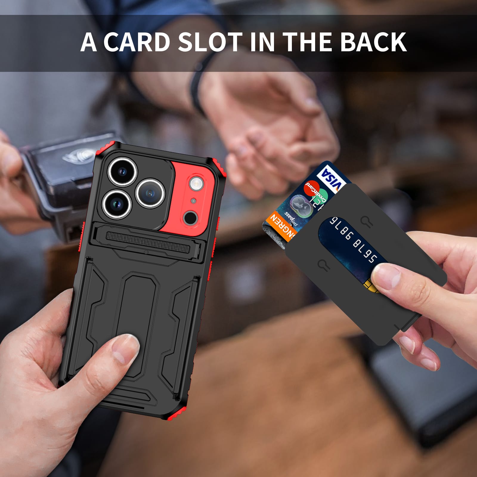 iPhone 17 Pro Heavy Duty Kickstand Card Holder Case Shockproof Red