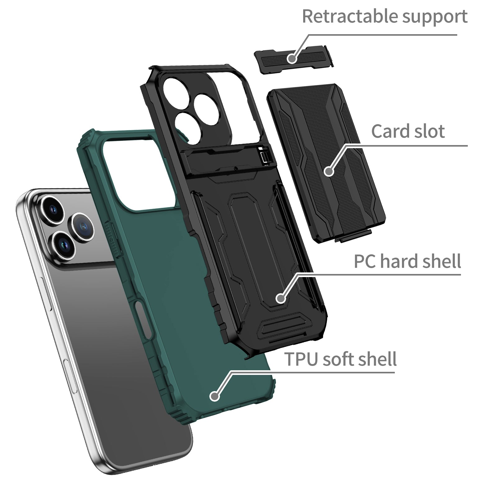 iPhone 17 Pro Heavy Duty Kickstand Card Holder Case Shockproof Teal