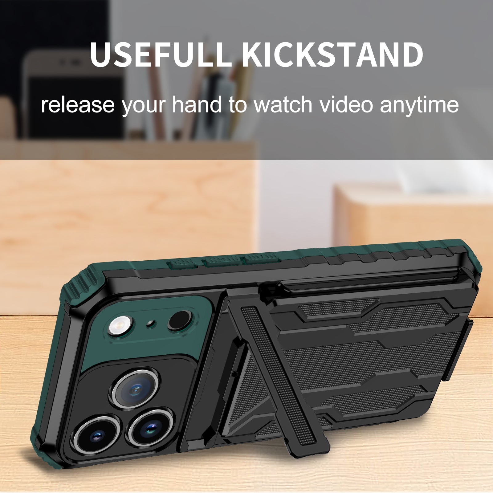 iPhone 17 Pro Heavy Duty Kickstand Card Holder Case Shockproof Teal
