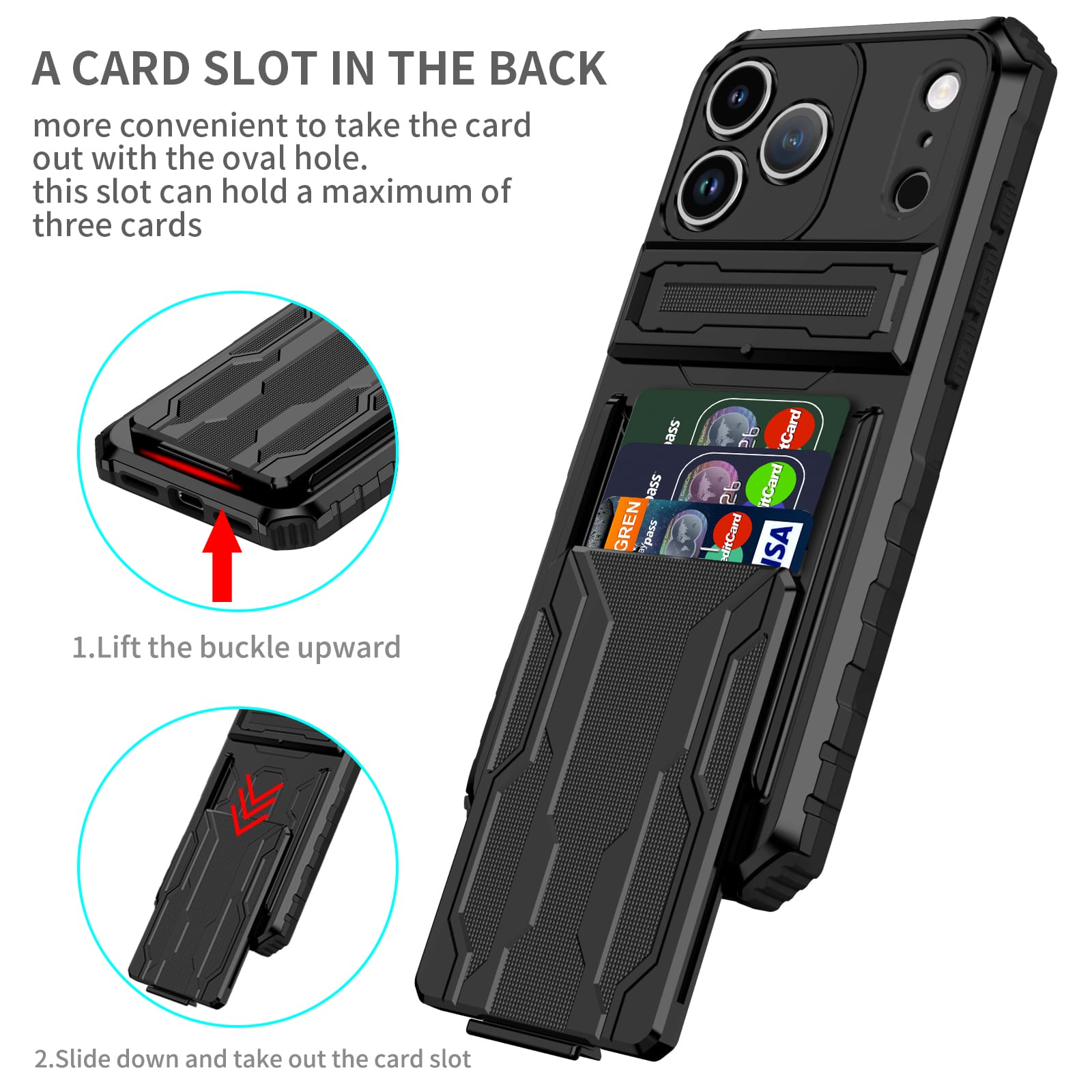 iPhone 17 Pro Max Heavy Duty Kickstand Card Holder Case Shockproof Black