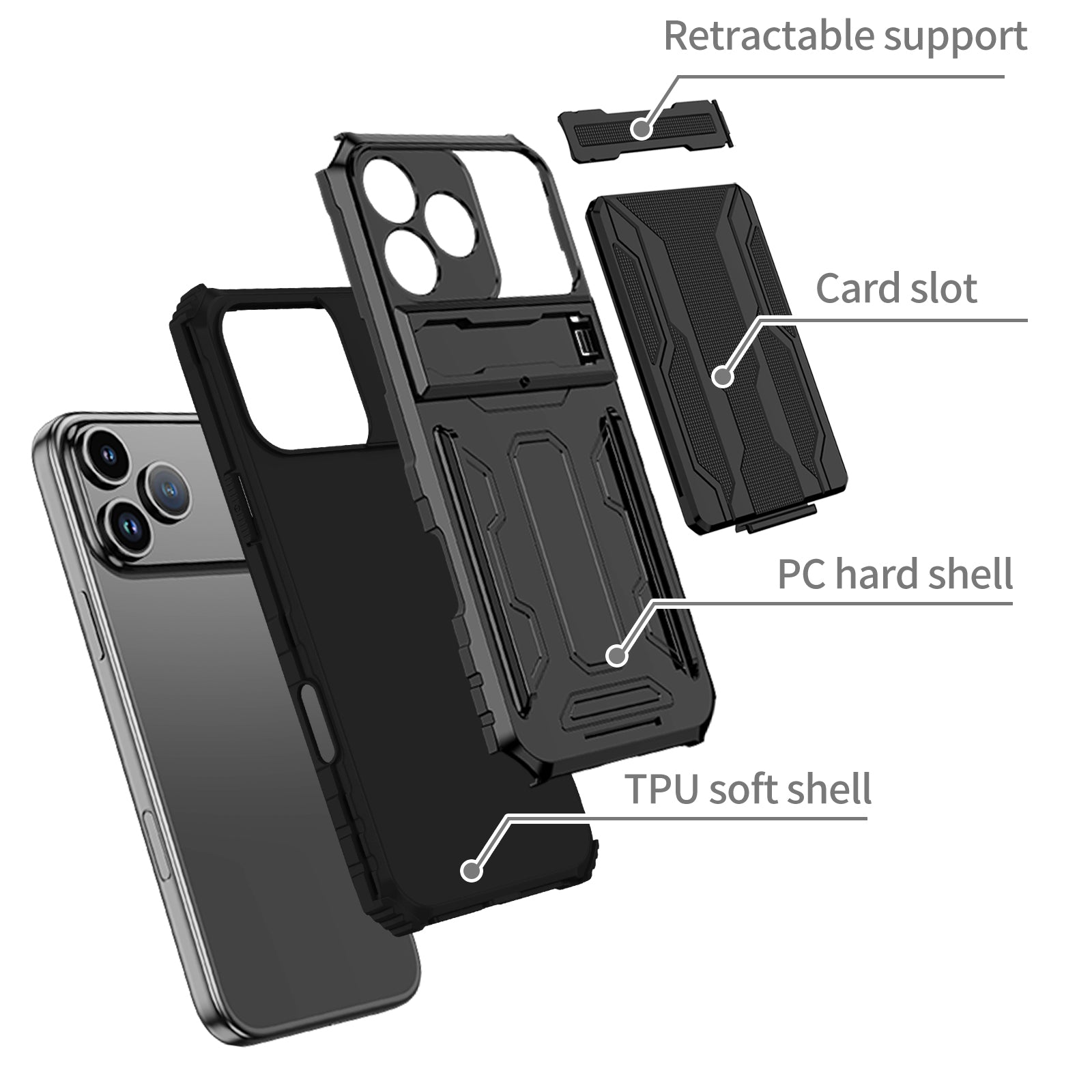 iPhone 17 Pro Max Heavy Duty Kickstand Card Holder Case Shockproof Black