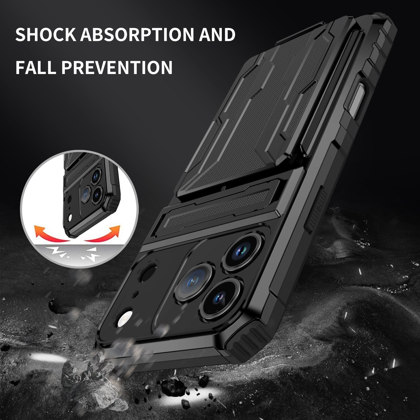 iPhone 17 Pro Max Heavy Duty Kickstand Card Holder Case Shockproof Black