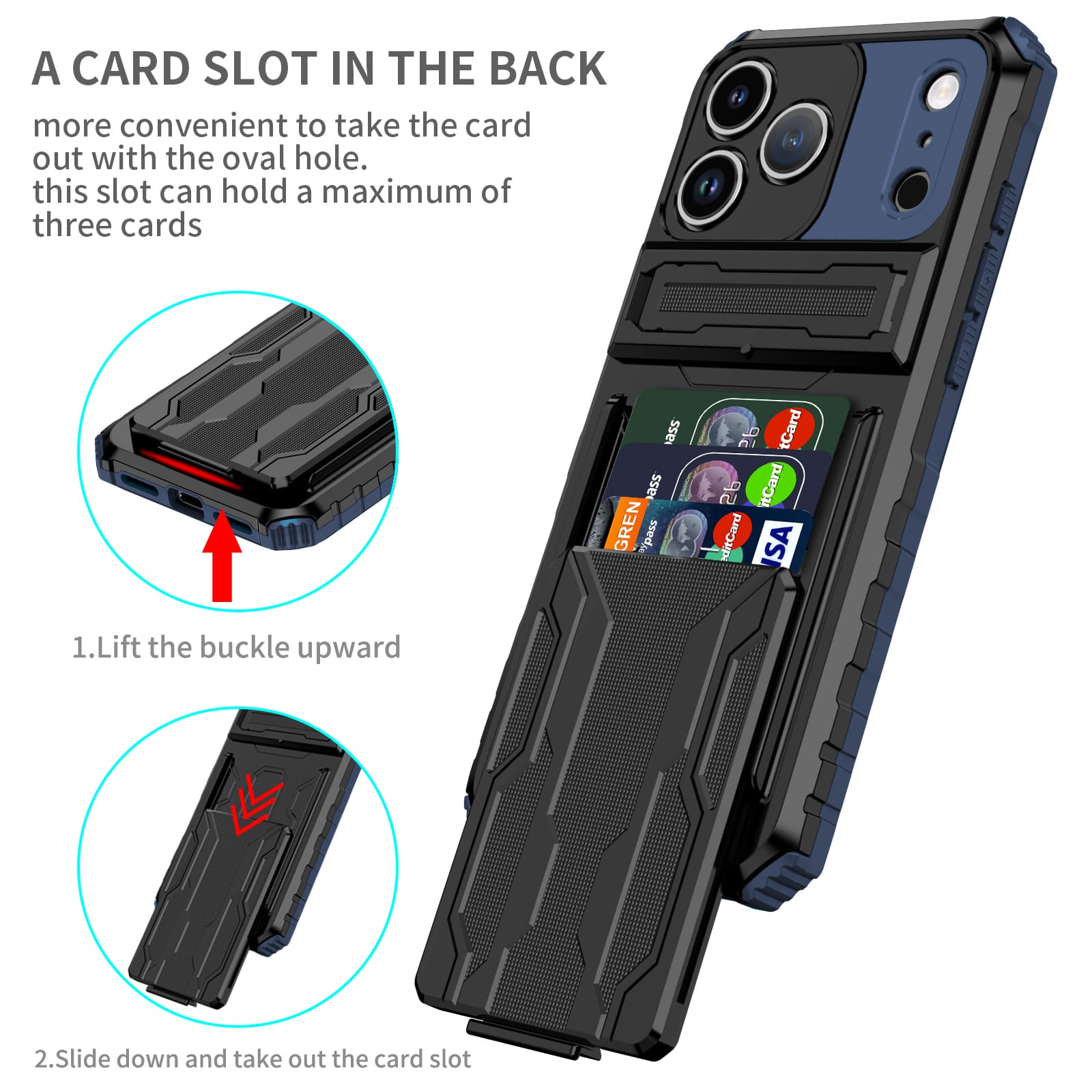 iPhone 17 Pro Max Heavy Duty Kickstand Card Holder Case Shockproof Navy