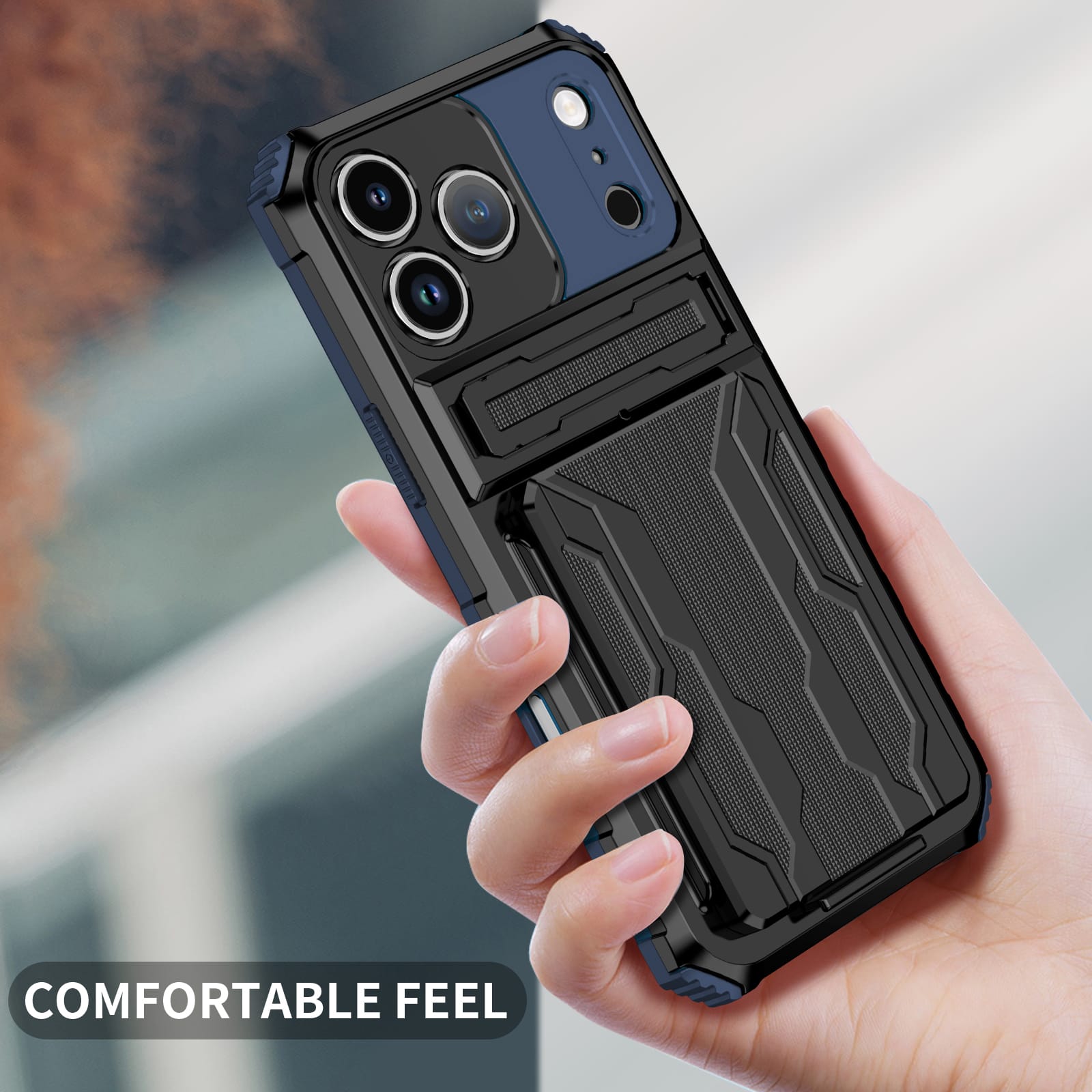 iPhone 17 Pro Max Heavy Duty Kickstand Card Holder Case Shockproof Navy
