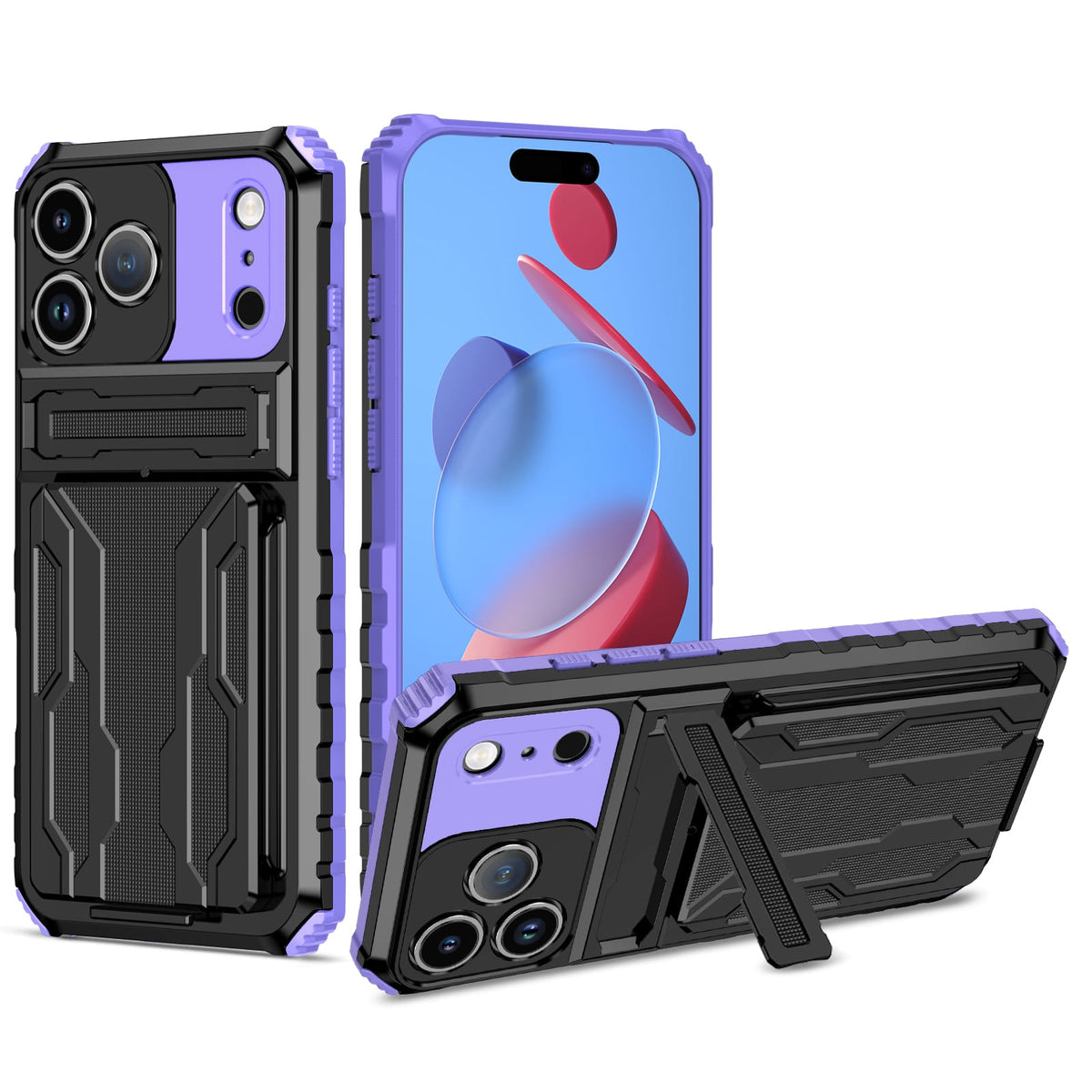 iPhone 18 Pro Max / 17 Pro Max Heavy Duty Kickstand Card Holder Case Shockproof Purple