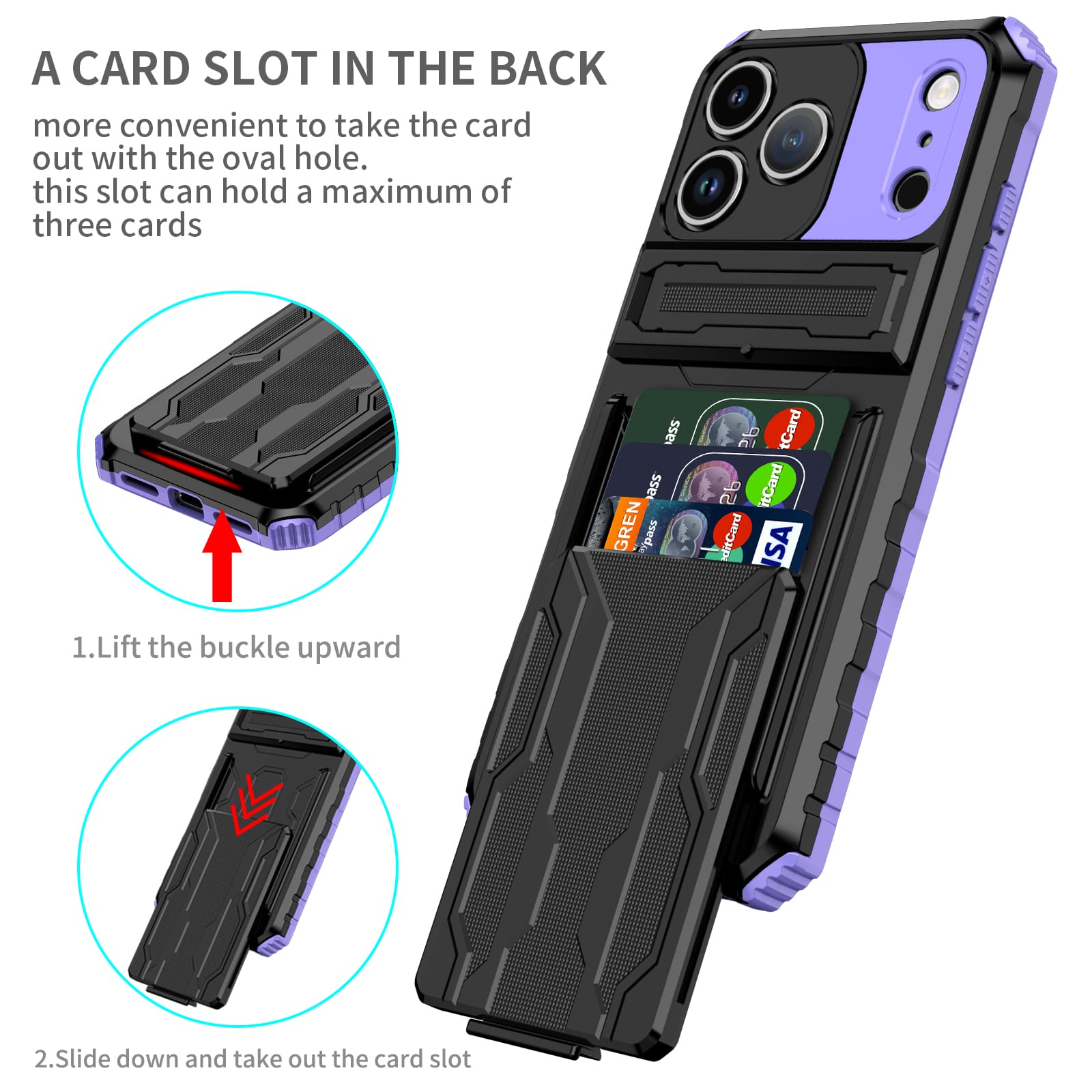 iPhone 17 Pro Max Heavy Duty Kickstand Card Holder Case Shockproof Purple