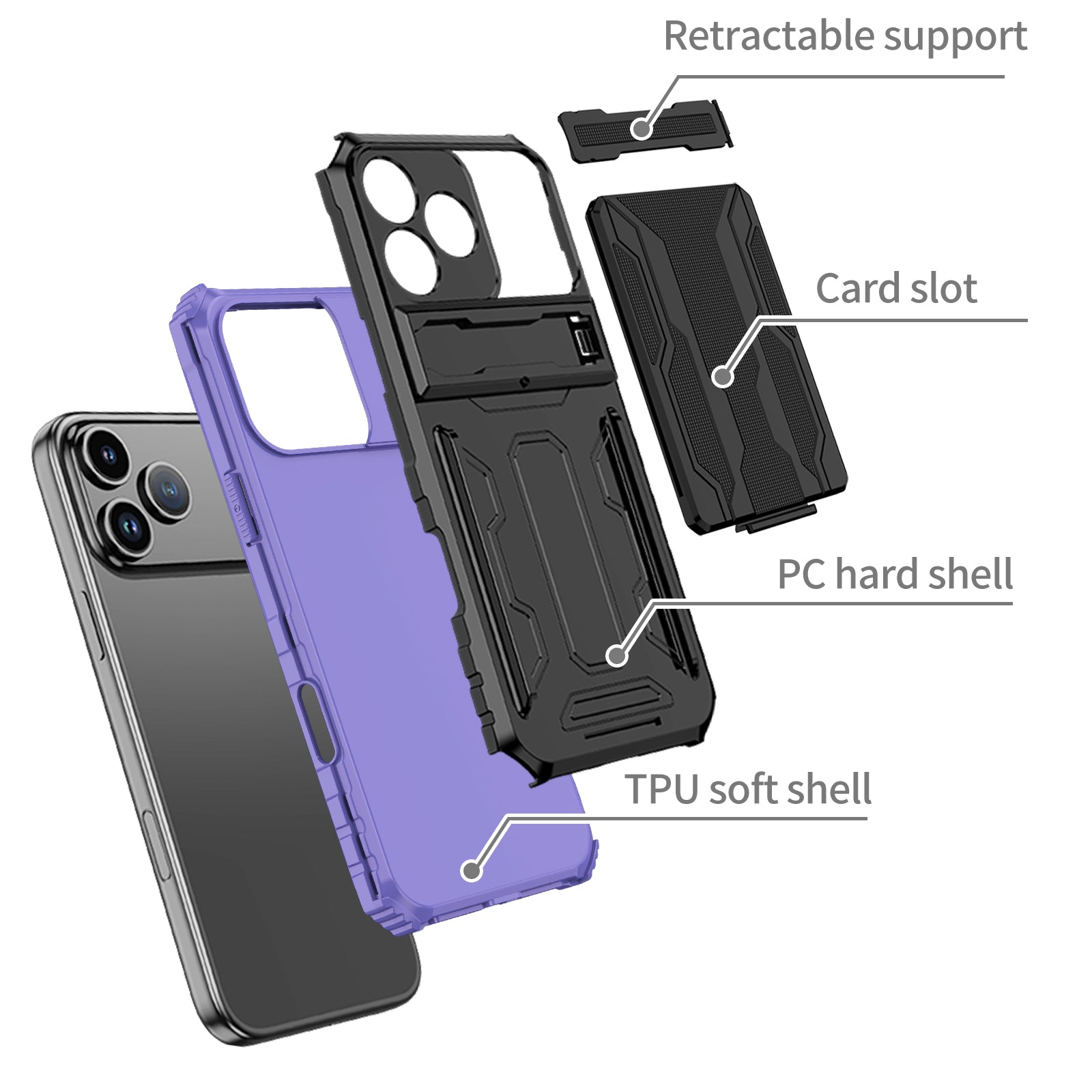 iPhone 17 Pro Max Heavy Duty Kickstand Card Holder Case Shockproof Purple