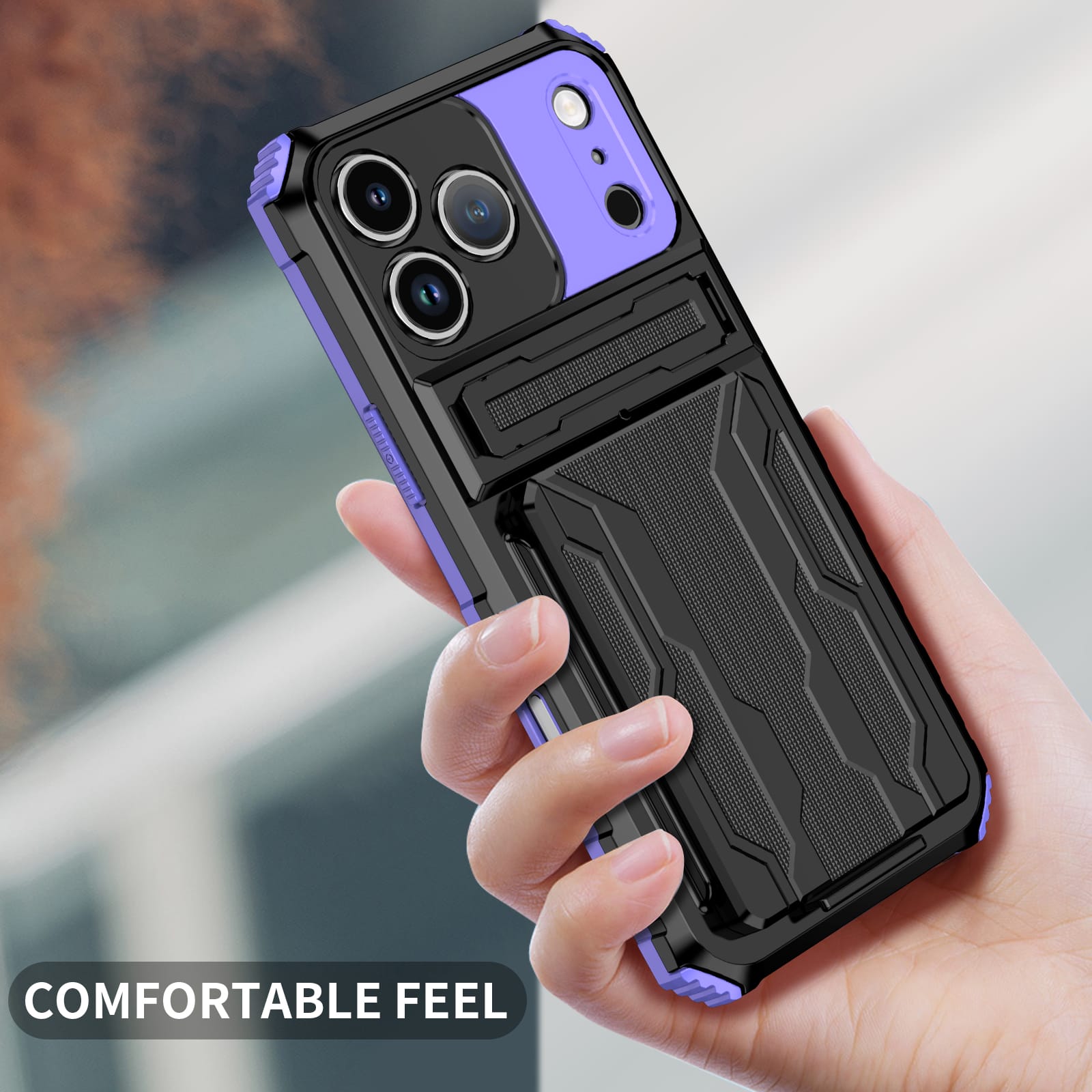 iPhone 17 Pro Max Heavy Duty Kickstand Card Holder Case Shockproof Purple