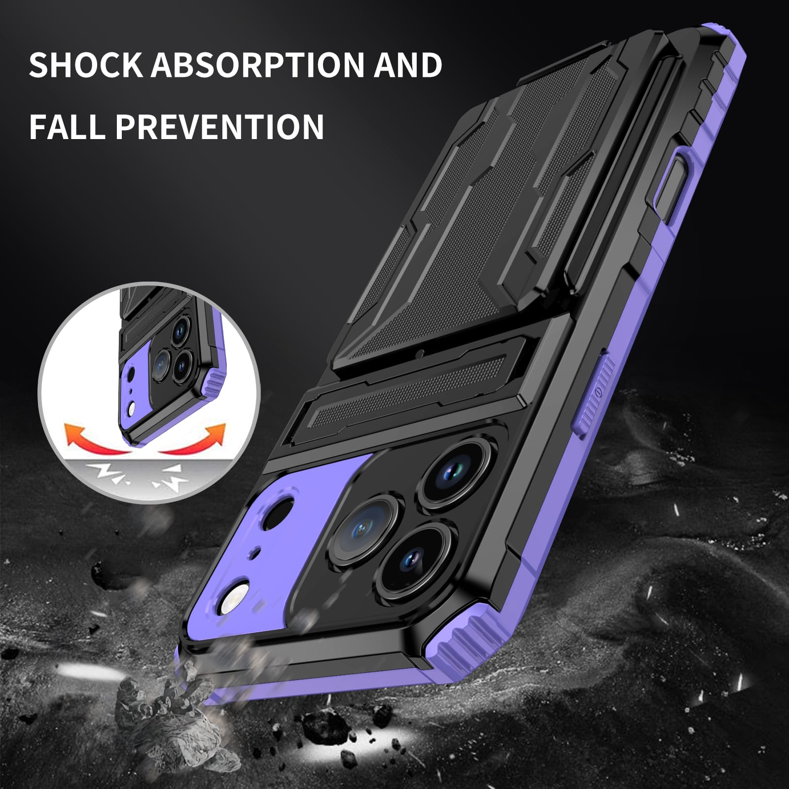 iPhone 17 Pro Max Heavy Duty Kickstand Card Holder Case Shockproof Purple