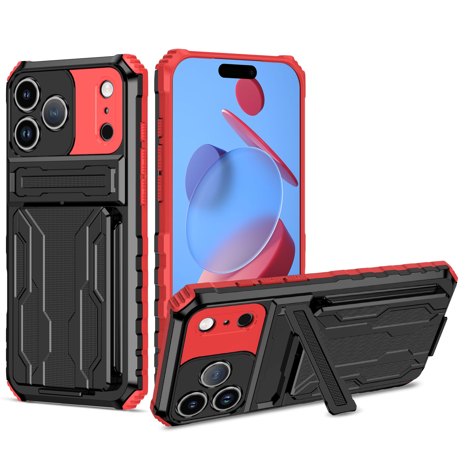 iPhone 18 Pro Max / 17 Pro Max Heavy Duty Kickstand Card Holder Case Shockproof Red