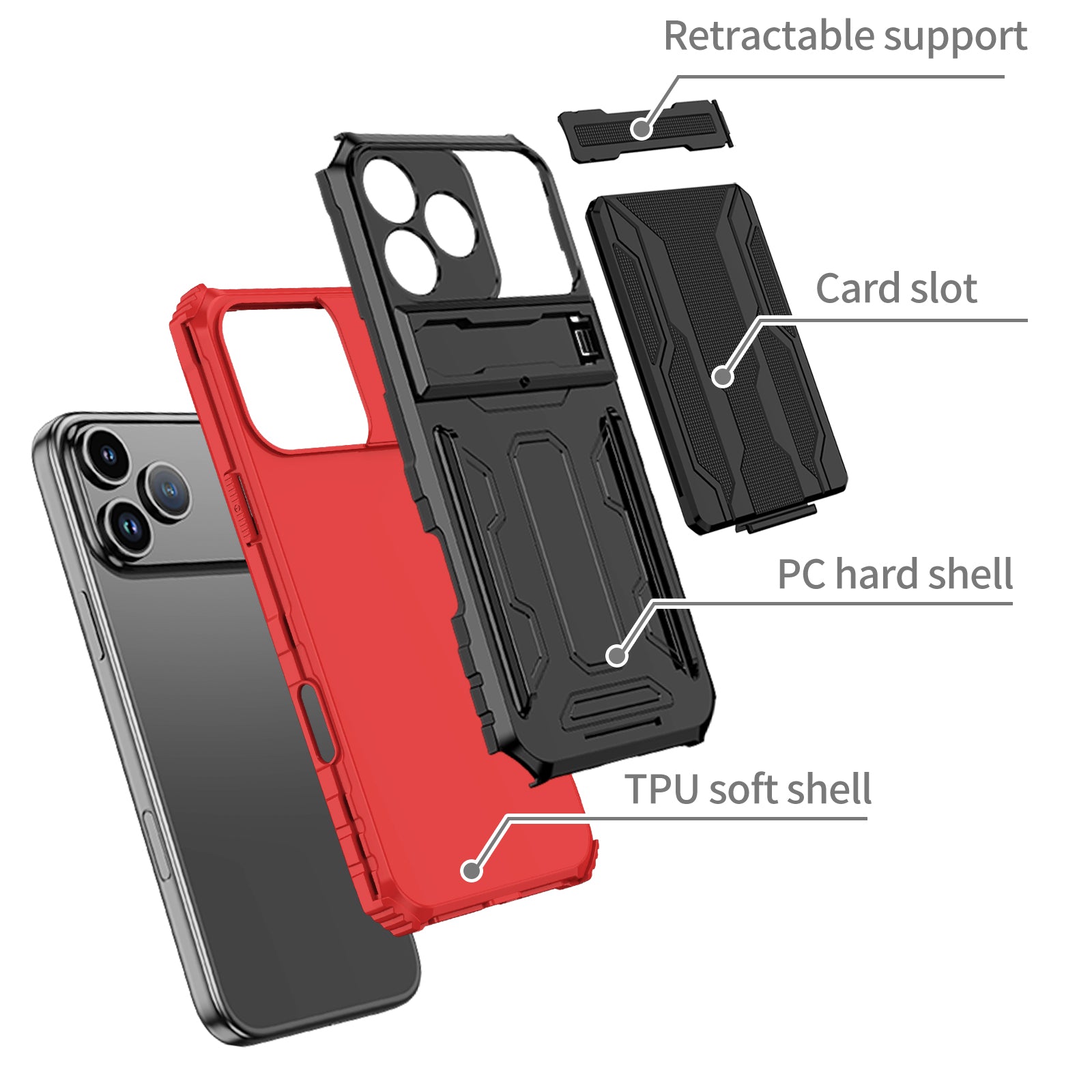 iPhone 17 Pro Max Heavy Duty Kickstand Card Holder Case Shockproof Red