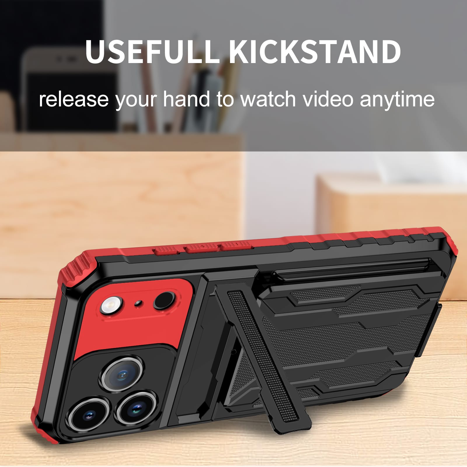 iPhone 17 Pro Max Heavy Duty Kickstand Card Holder Case Shockproof Red