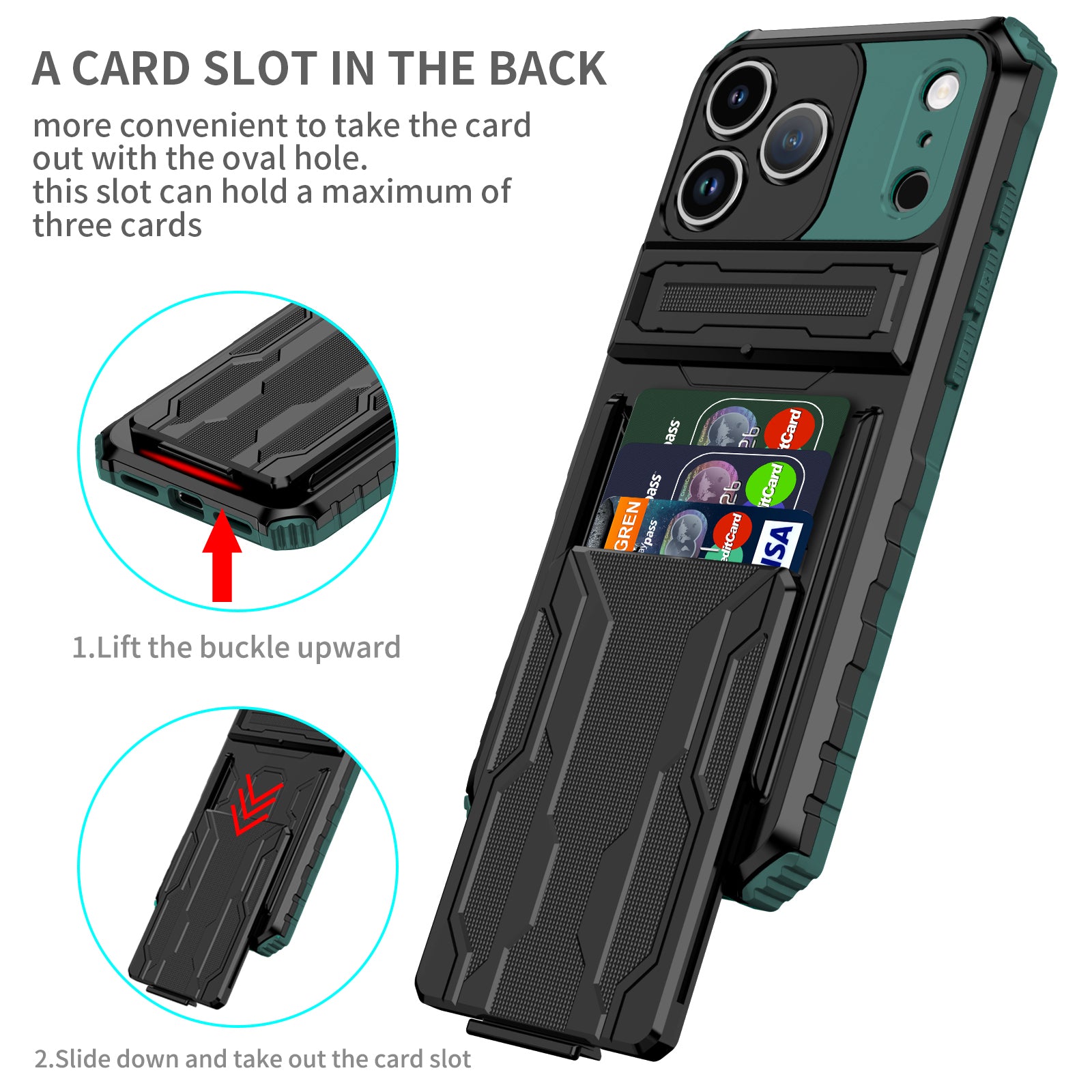 iPhone 17 Pro Max Heavy Duty Kickstand Card Holder Case Shockproof Teal