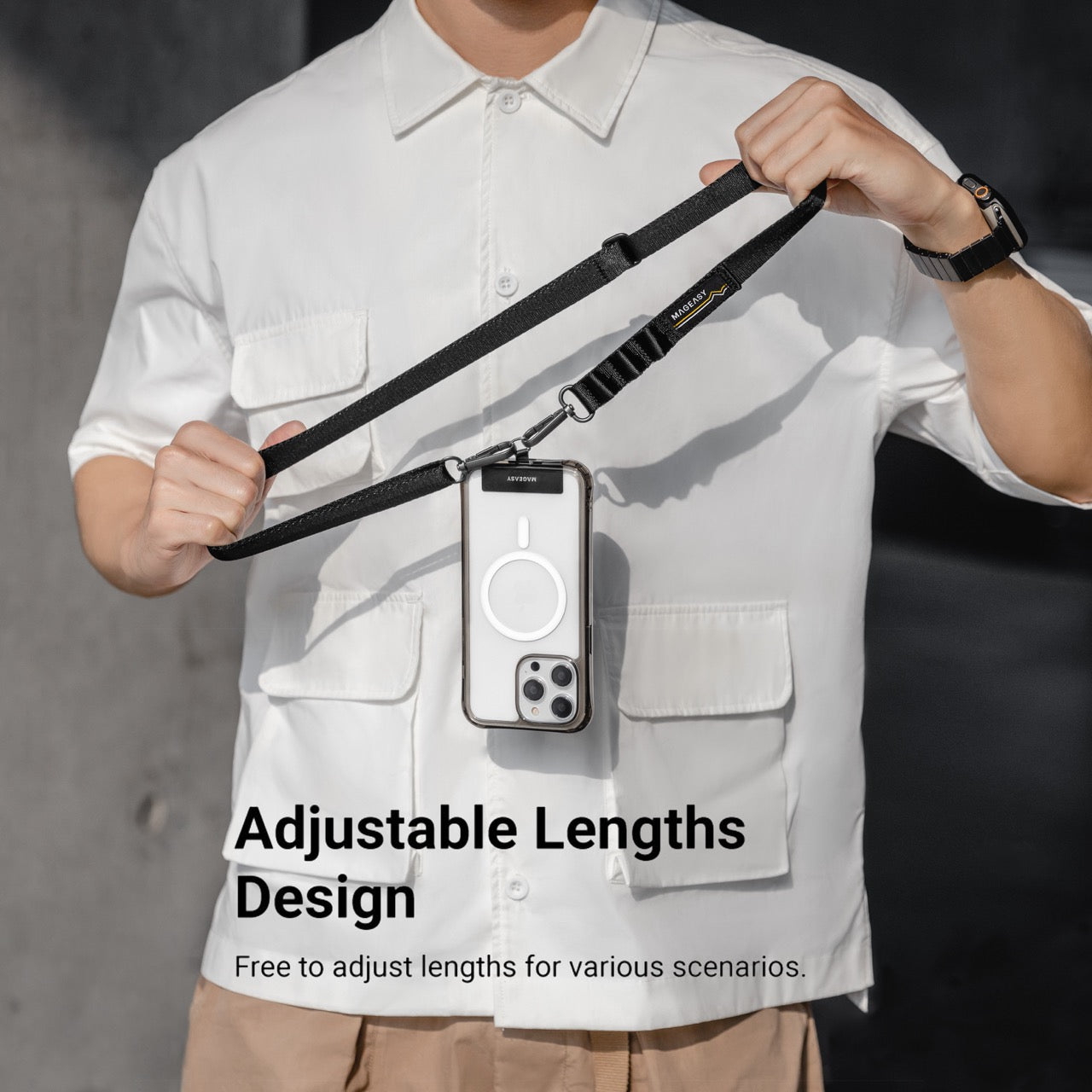 Mageasy 20mm Universal Crossbody Phone Strap with Strap Card – Concrete Grey