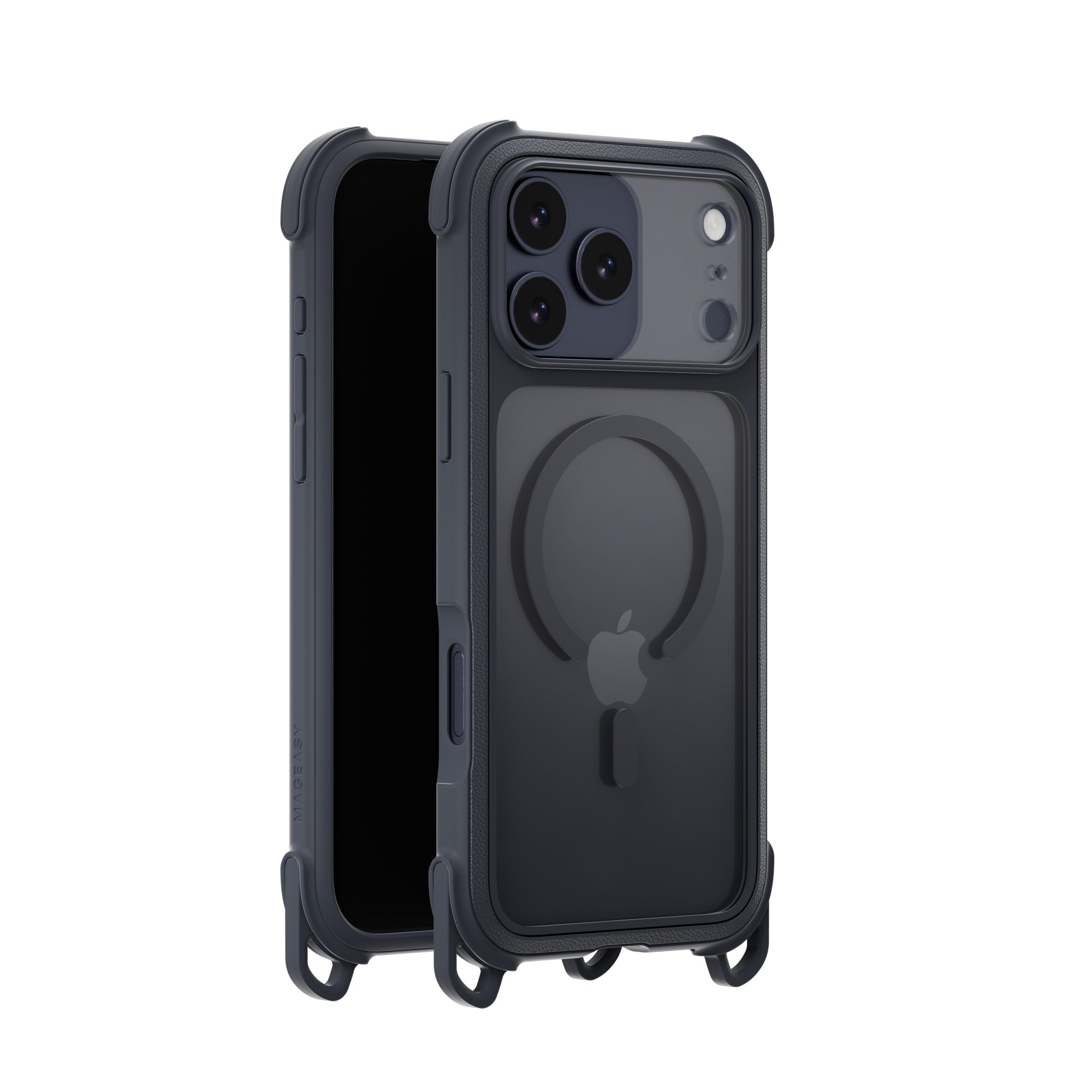 MAGEASY Odyssey Strap M MagSafe Rugged Lanyard Case - iPhone 17 Pro Max - Leatherette Midnight/Black