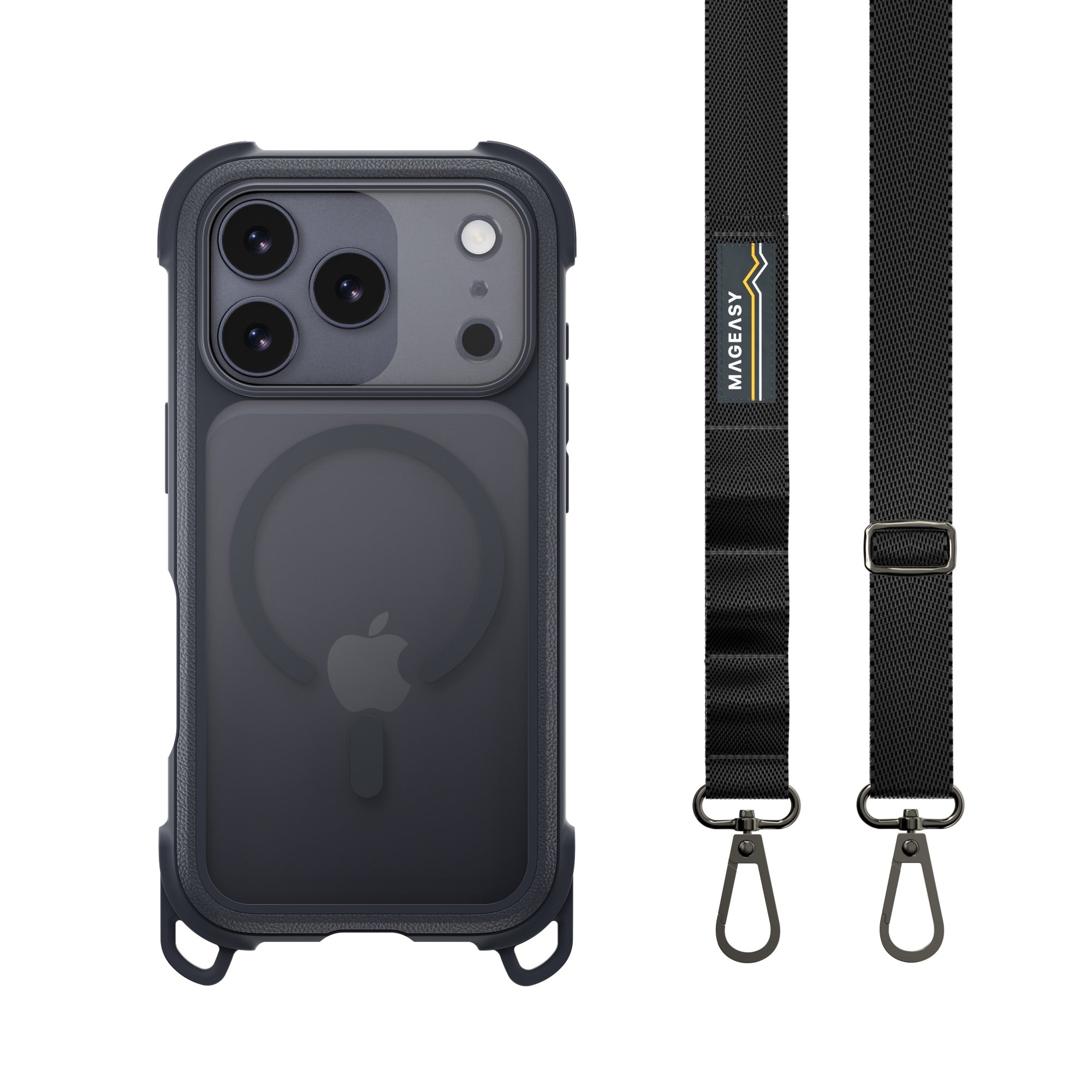 Mageasy Odyssey Strap M MagSafe Rugged Lanyard Case - iPhone 17 Pro - Leatherette Midnight/Black