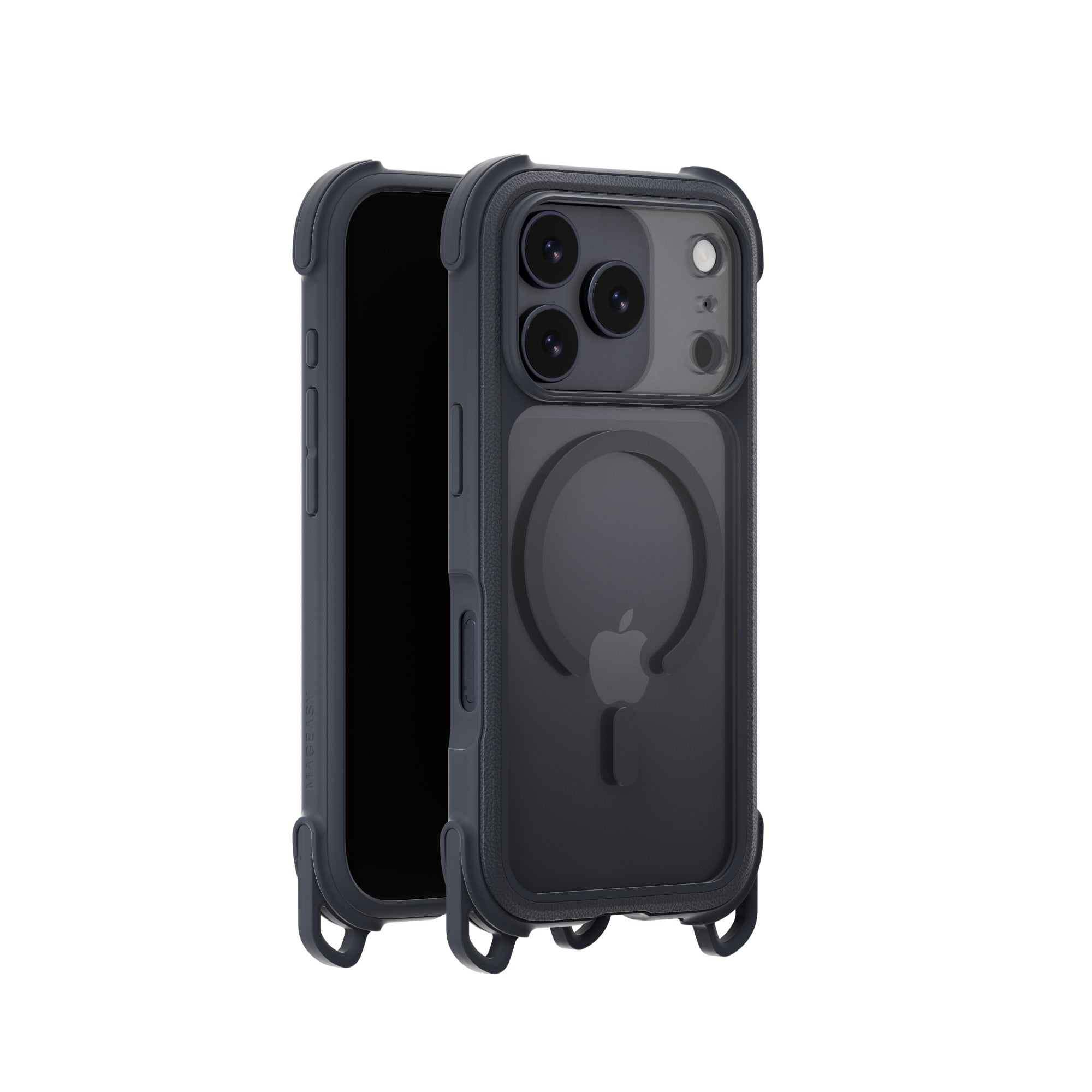 MAGEASY Odyssey Strap M for iPhone 17 Pro MagSafe Rugged Lanyard Case - Leatherette Midnight/Black
