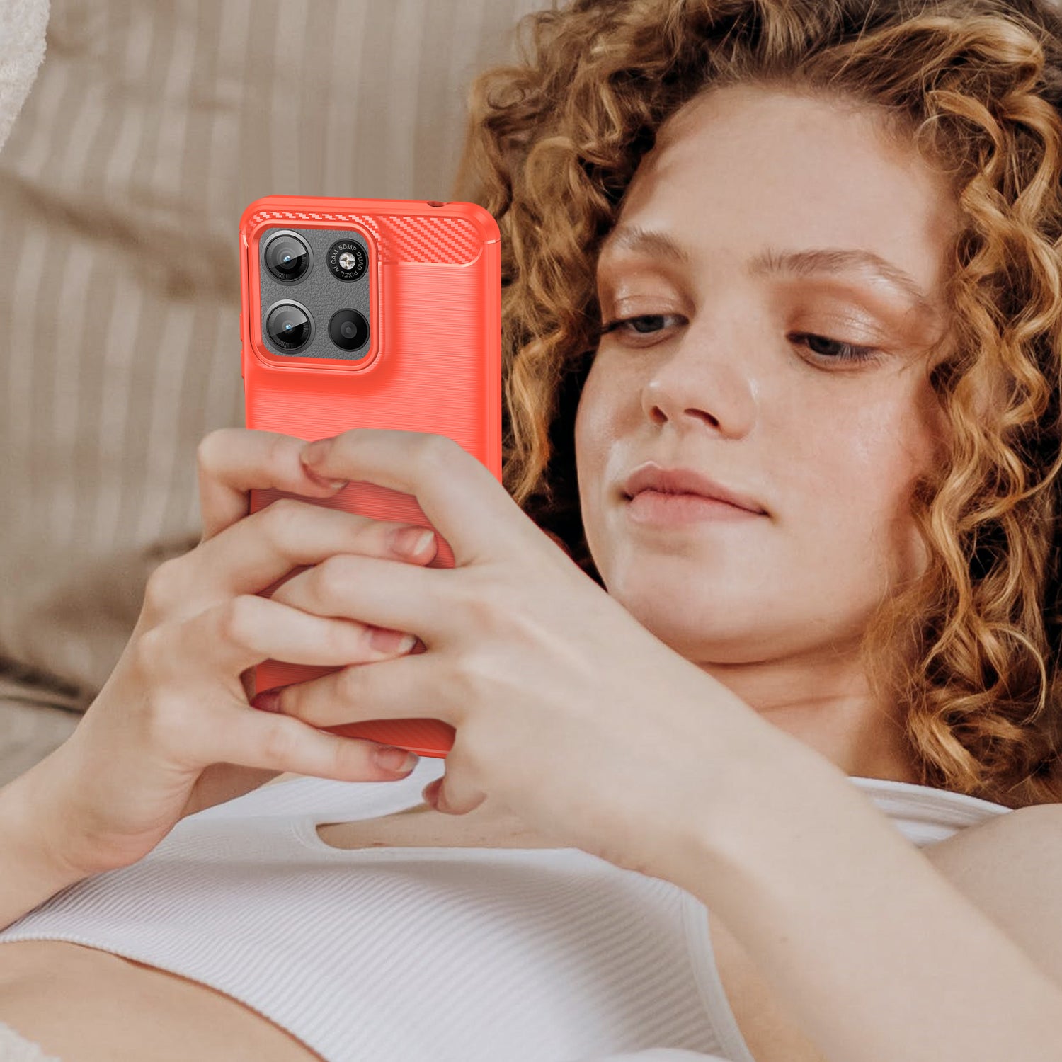 Motorola Moto G15 4G Carbon Fibre TPU Case Slim Shockproof Cover Red