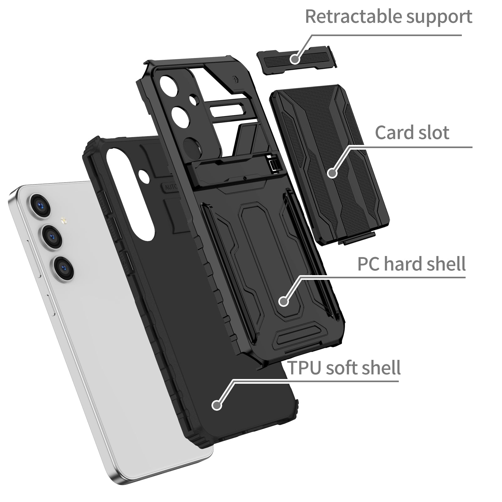 Samsung S26 Plus Heavy Duty Kickstand Card Holder Case Shockproof Black