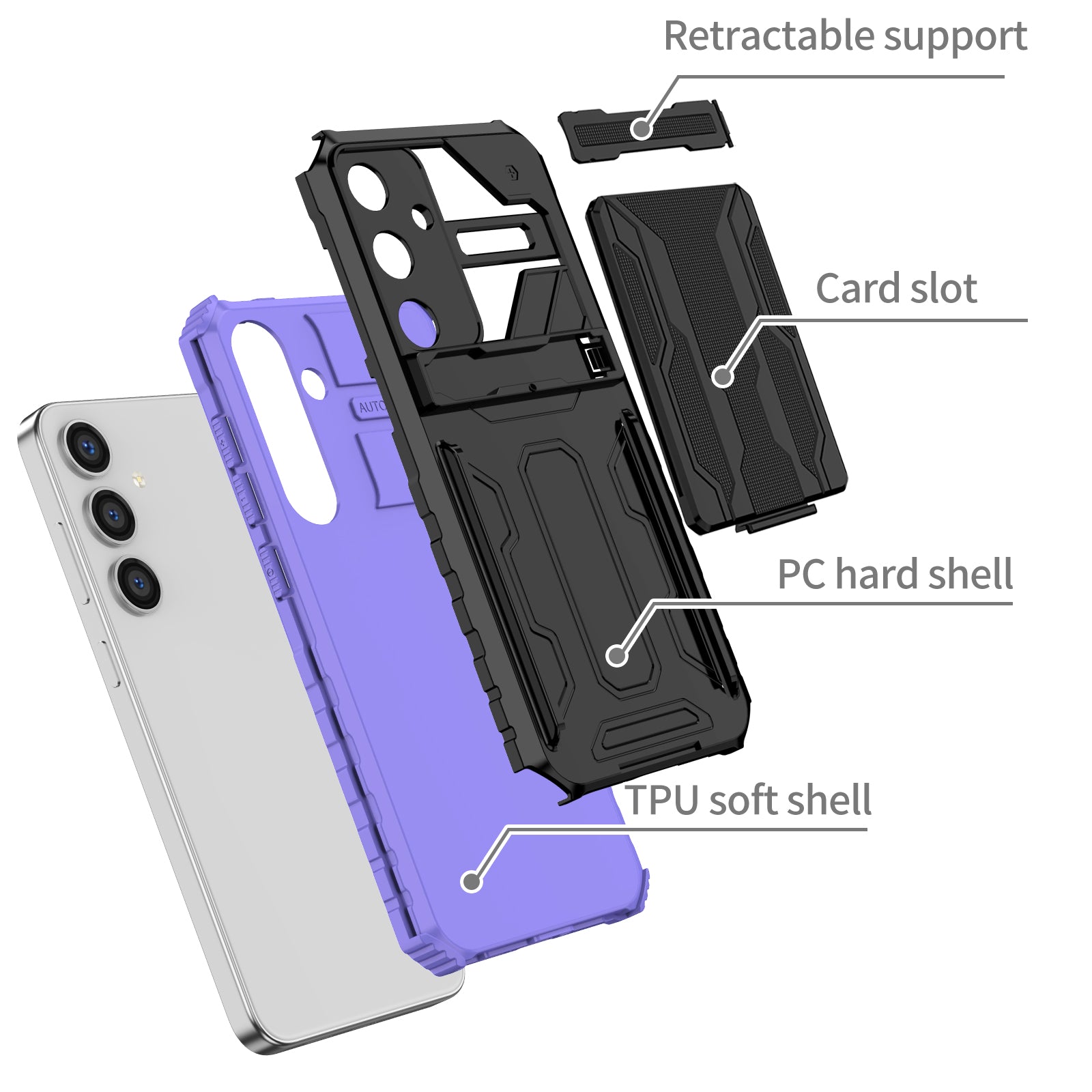 Samsung S26 Plus Heavy Duty Kickstand Card Holder Case Shockproof Purple