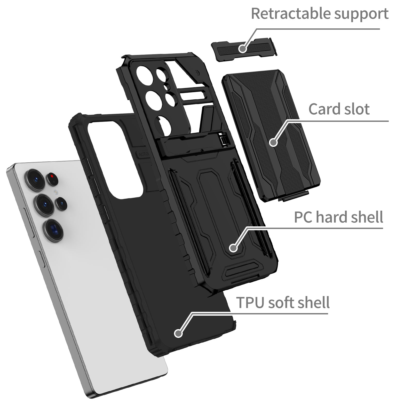 Samsung S26 Ultra Heavy Duty Kickstand Card Holder Case Shockproof Black